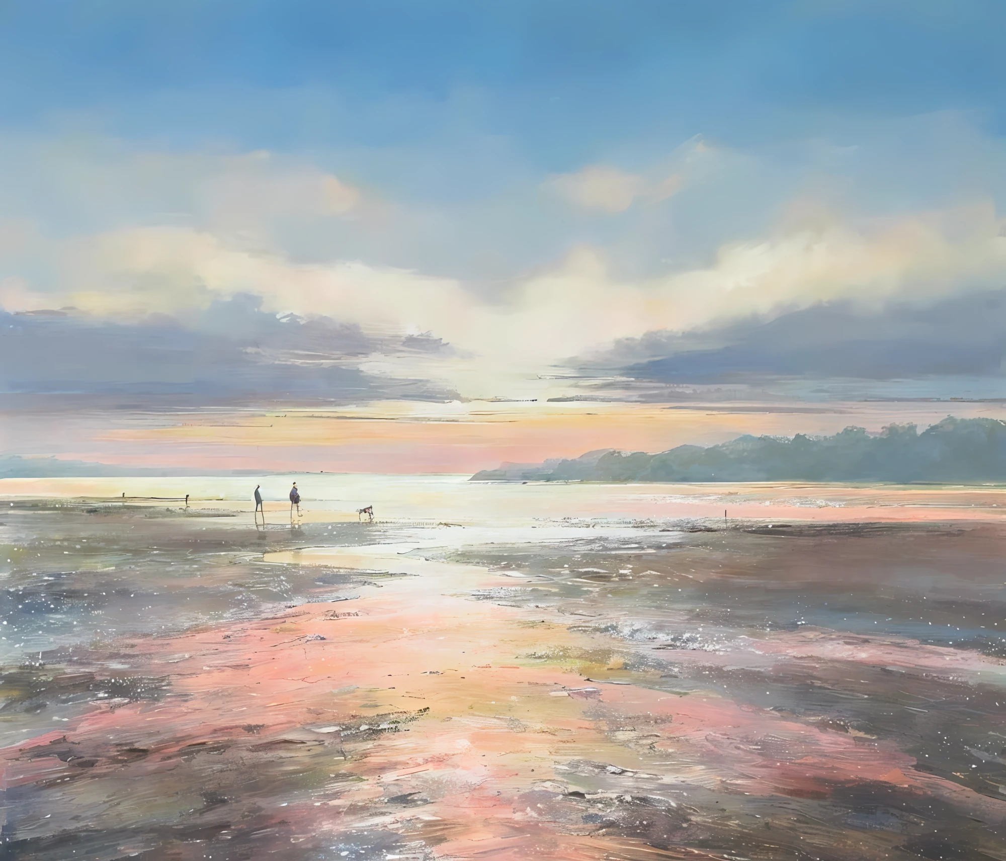 Painting of two people walking on the beach at sunset, author：Richard Carlin, serene scene, Early morning light, Calm and contented painting, Soft glow, during dawn, lee madgwick & yuto yamada, early evening, calm evening, peaceful scene, serene scene, Morning glow, summer morning light, Pastel painting, evening sunlight, dawn, morningglow