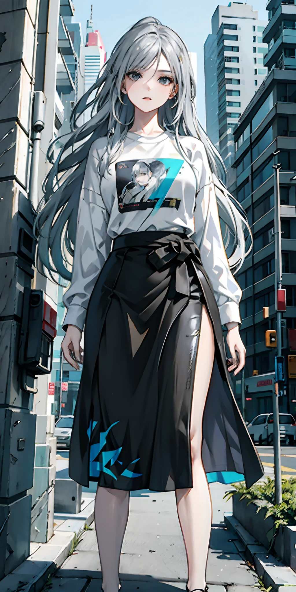 Upper body close-up, cyberpunk city, a girl standing in front of a wall with newspaper on the wall, silver hair, long hair, facial focus, black eyes, witty and beautiful facial features, green print t-shirt, apricot skirt, split long skirt, embroidery pattern, dynamic pose, HDR, detailed details, fashion, cinematic light, detailed clothing texture, game CG, bright art style, real shadows
