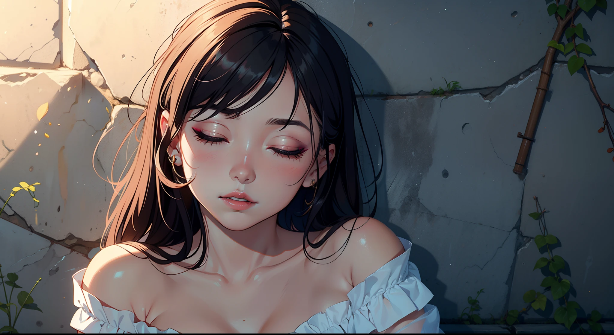 Close up shot of a woman who has closed her eyes and parted her perfect lips, blushing very hard, kissable face and lips, amazing makeup, against a wall