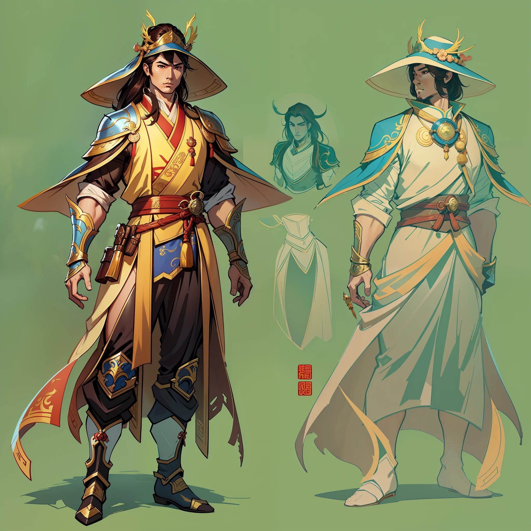 a close up of a strong man in his 30's, with brown eyes and brown hair, wearing a yellow and brown mage's robes, a hero with brown eyes, male wearing asian conical hat, mage with earth magic, standing in a chinese temple, new costume concept design, in the style of blade and soul, full body character concept, detailed character design, inspired by Yang Jin, inspired by Li Mei-Shu, chinese costume, inspired by Lan Ying, inspired by Sim Sa-Jeong, inspired by Li Tang, lunar themed attire, costume with blue accents, inspired by Ju Lian, colored concept art, highly detailed character design, highly detailed face, inspired by Ai Xuan, very highly detailed face, unreal engine render, final fantasy 14 style, inspired by Leng Mei