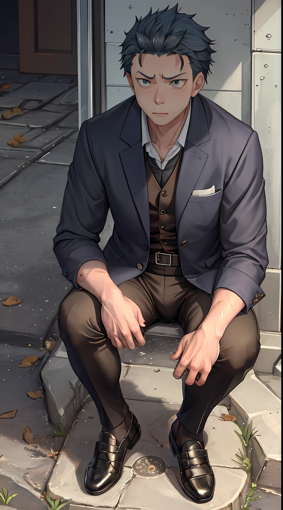 (1 Adult male),A high resolution, Sharp focus, Pixiv masterpiece, ((Complicated details)), highly detailed, natsuki_subaru,Multi-view upper body,Suit pants view, 1 man,is shy,Pee on the legs,pissing,Urine runs down the thighs,embarressed,exhilarated,is shocked,panicking,worry,A small puddle of their own urine forms around the feet,full bodyesbian,kneels on the ground,Very eager to pee,It's uncomfortable,Wet yourself,Urine discharge, Sweaty crotch,Drenched,rain,The shirt is soaked,(A gesture of pleading),blue color eyes(eyes glowing), short yellow hair,white shirt,Wear a tie,Wear a belt,Black suit trousers,perspire,look from down