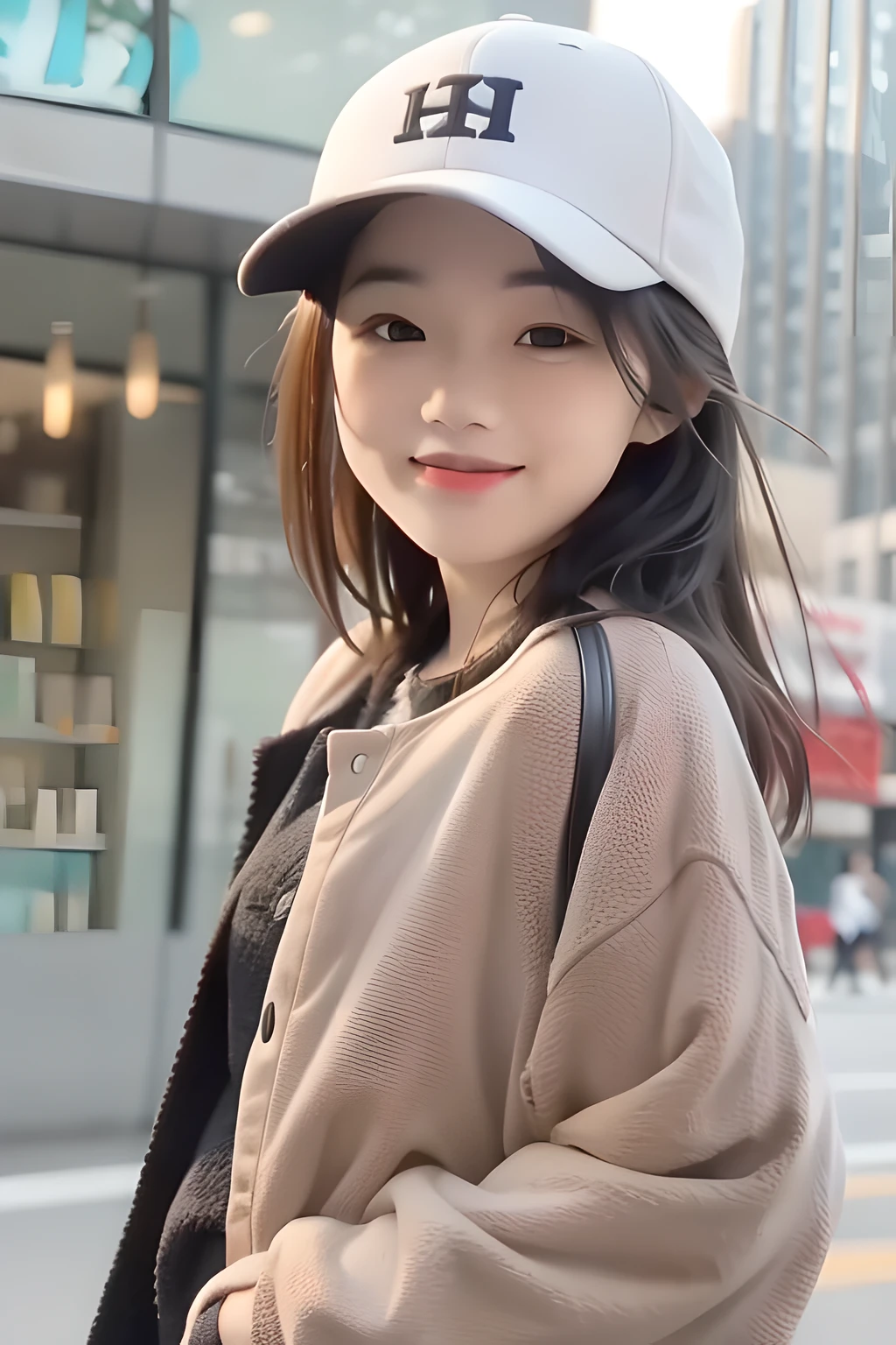 A girl wearing a baseball cap on the street smiling