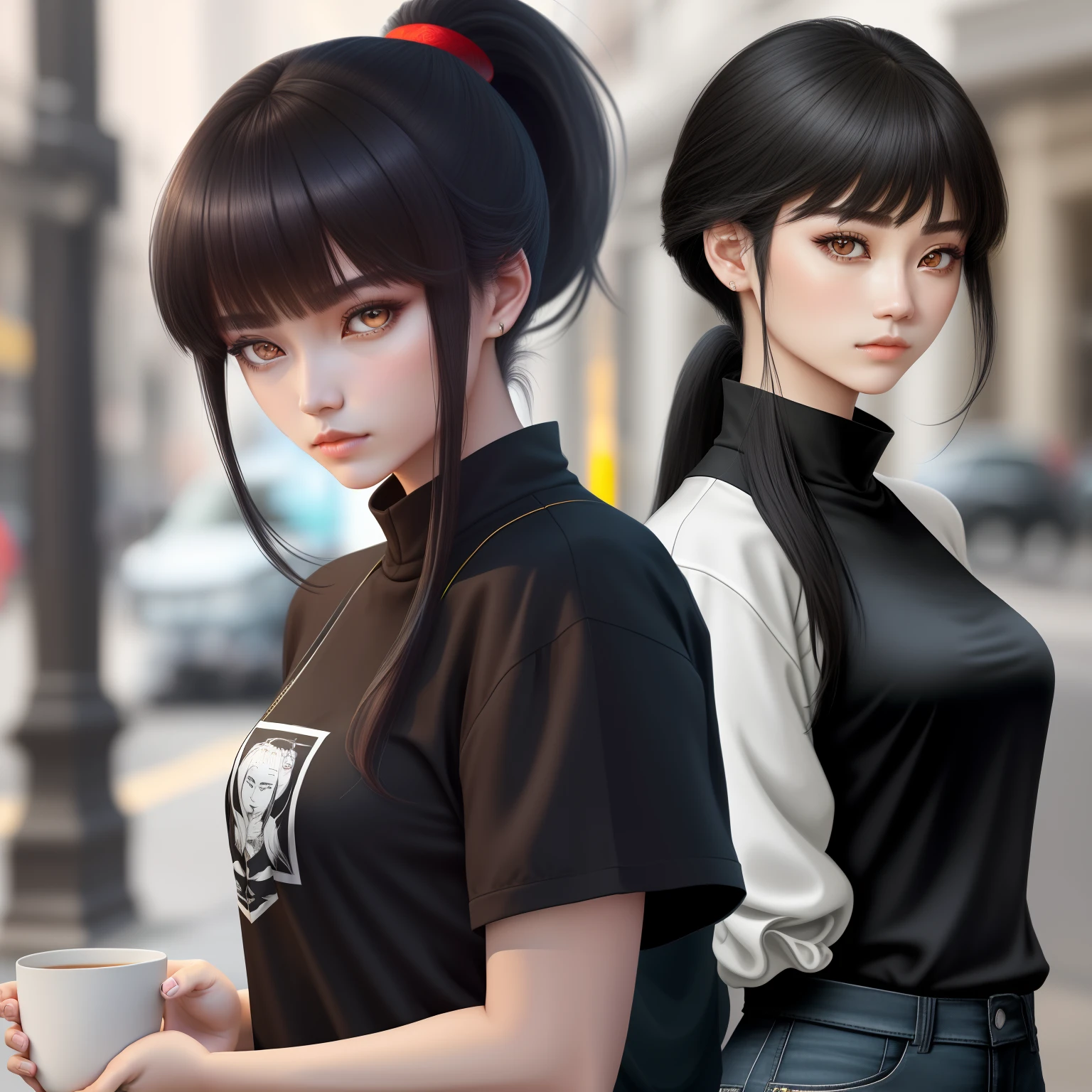 femele,chineseidol,Chill,Lonely eyes,Slightly desperate,Deep amber eyes,High ponytail+French bangs,cabelos preto e longos,A-cap bust,Plain clothes,Conservative style,Half-body close-up,Plain makeup,A cup,Good student image,Not wearing glasses,No earrings、gyuru。