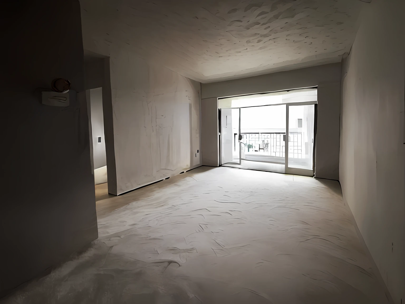 white wall,Wall-mounted TV on the left,White sofa on the right side,Off-white floor tiles,Warm lighting,Modern style