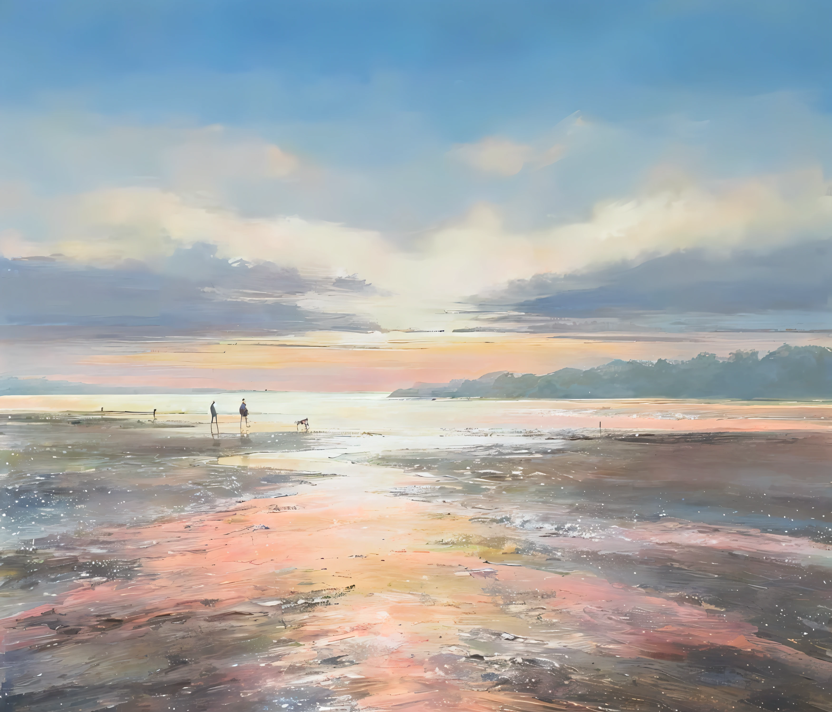 Painting of two people walking on the beach at sunset, author:Richard Carlin, serene scene, Early morning light, Calm and contented painting, Soft glow, during dawn, lee madgwick & yuto yamada, early evening, calm evening, peaceful scene, serene scene, Morning glow, summer morning light, Pastel painting, evening sunlight, dawn, morningglow