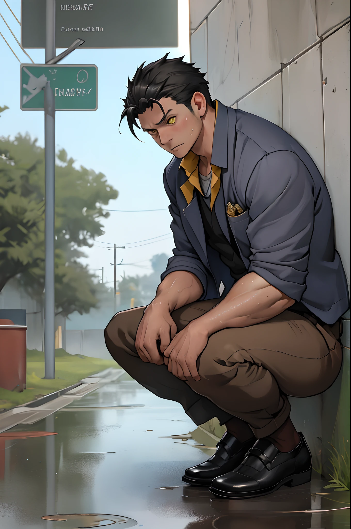 A3R1, Hector Fey ,Multi-view upper body, Suit pants view,legs separated,A3R1,pissing,Pee yourself,His own urine ran down his thighs,perfect male figure, Aerith Gainsborough ,The suit pants are wet,Urine runs down the leg of the trouser,Yellow eyes,Half squat,legs separated,Can't hold back urine,wants to pee,Wear a tie,wearing leather belt,Long Sleeve White Shirt,(The shirt is soaked),Black hair short hair,perspire,Black suit trousers,dress shoes,Nervously bow your head,is shy,embarressed,exhilarated,is shocked,panicking,worry,exteriors,On dry ground, A small puddle of his own urine formed around his feet,half squatting,Very eager to pee,Unbearable,Can't help but pee,Urine flows from the crotch to the legs,Incontinence,It's uncomfortable,Very anxious,Sweat runs from the crotch,Wet yourself,urinating,high detal,hentail realism,ultra-realistic realism,three sided view, A masterpiece of careful planning,A high resolution, hyper HD ,anatomy correct,super detailing,best qualtiy,A high resolution,8K