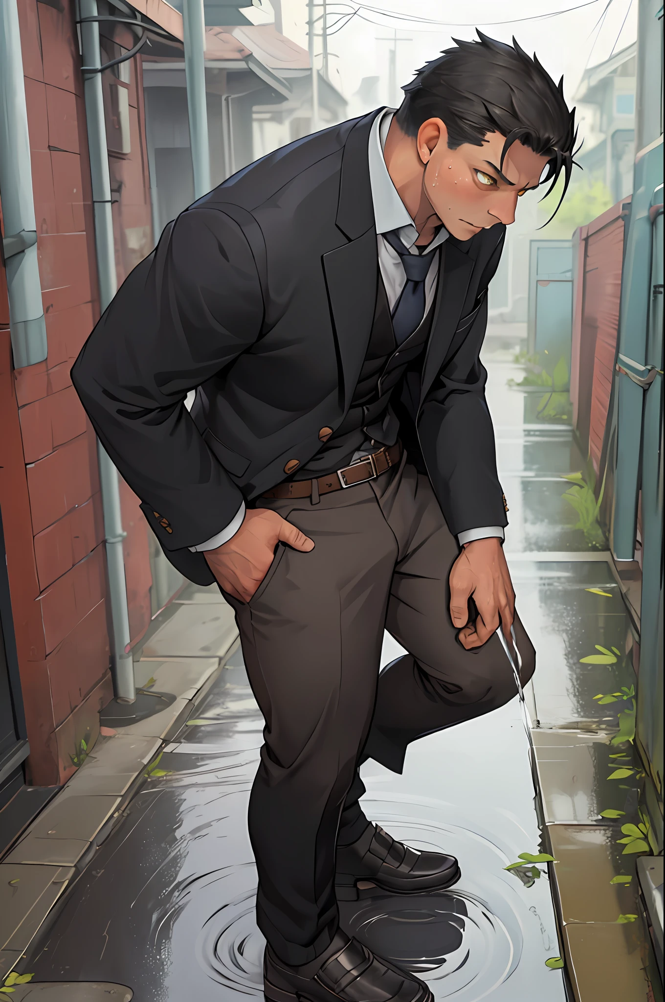 A3R1, Hector Fey ,Multi-view upper body,closeup of face,detail in face,Super detailed face, Suit pants view,legs separated,A3R1,pissing,Pee yourself,His own urine ran down his thighs,perfect male figure, Aerith Gainsborough ,Hands in trouser pockets,The suit pants are wet,Urine runs down the leg of the trouser,Yellow eyes,,legs separated,Can't hold back urine,wants to pee,Wear a tie,wearing leather belt,Long Sleeve White Shirt,(The shirt is soaked),Black hair short hair,perspire,Black suit trousers,dress shoes,Nervously bow your head,is shy,embarressed,exhilarated,is shocked,panicking,worry,exteriors,On dry ground, A small puddle of his own urine formed around his feet,,Very eager to pee,Unbearable,Can't help but pee,Urine flows from the crotch to the legs,Incontinence,It's uncomfortable,Very anxious,Sweat runs from the crotch,Wet yourself,urinating,high detal,hentail realism,ultra-realistic realism,three sided view, A masterpiece of careful planning,A high resolution, hyper HD ,anatomy correct,super detailing,best qualtiy,A high resolution,8K