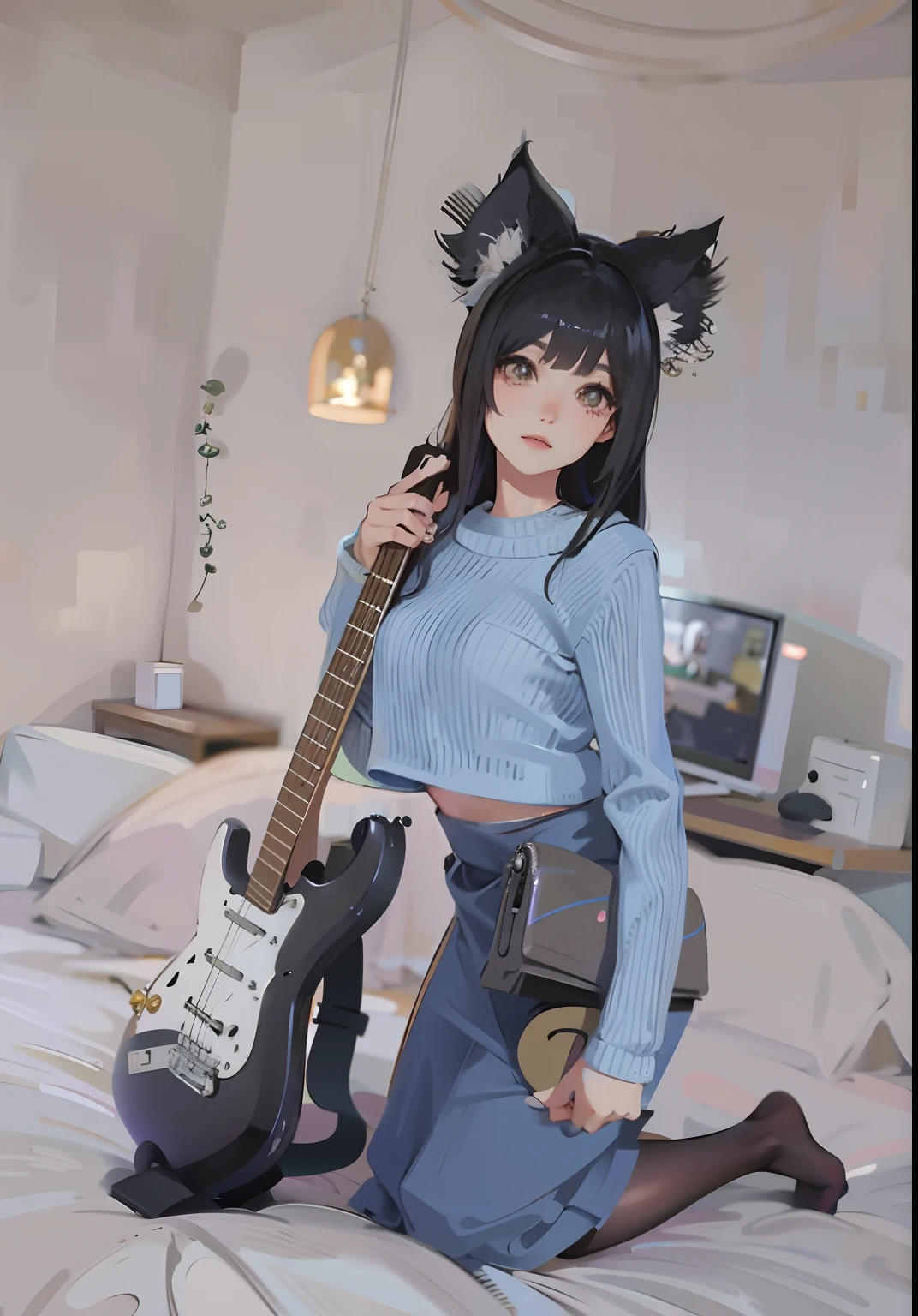 Cute girl holding guitar in skirt and cat ears, Attractive cat girl, beautiful young catgirl, very beautiful cute catgirl, Anime girl cosplay, Anime girl in real life, anime catgirl, Anime cosplay, trending at cgstation, female furry mini cute style, trending on cgstation, beautiful anime catgirl, Very beautiful anime cat girl，Skirt cutout，See black panties，stocklings，Inside the hotel room