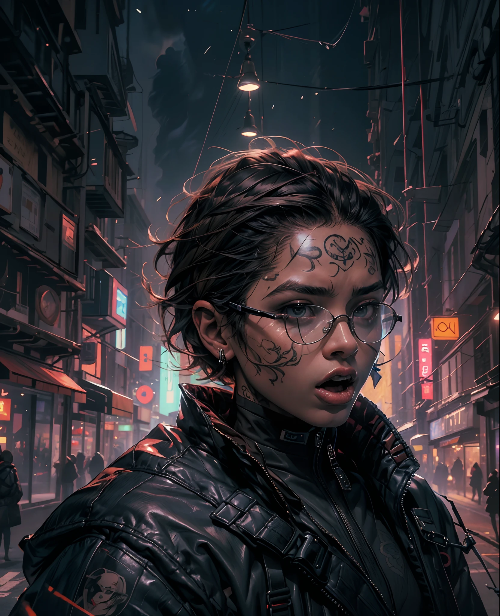 magazine cover,realistic,photo,35mm,cinematic(with super puffer balenciaga jacket with short hair,tattoos)colorful background graphite,ultra sharp, open mouth, tongue out, glasses, brown hair, male, choker
