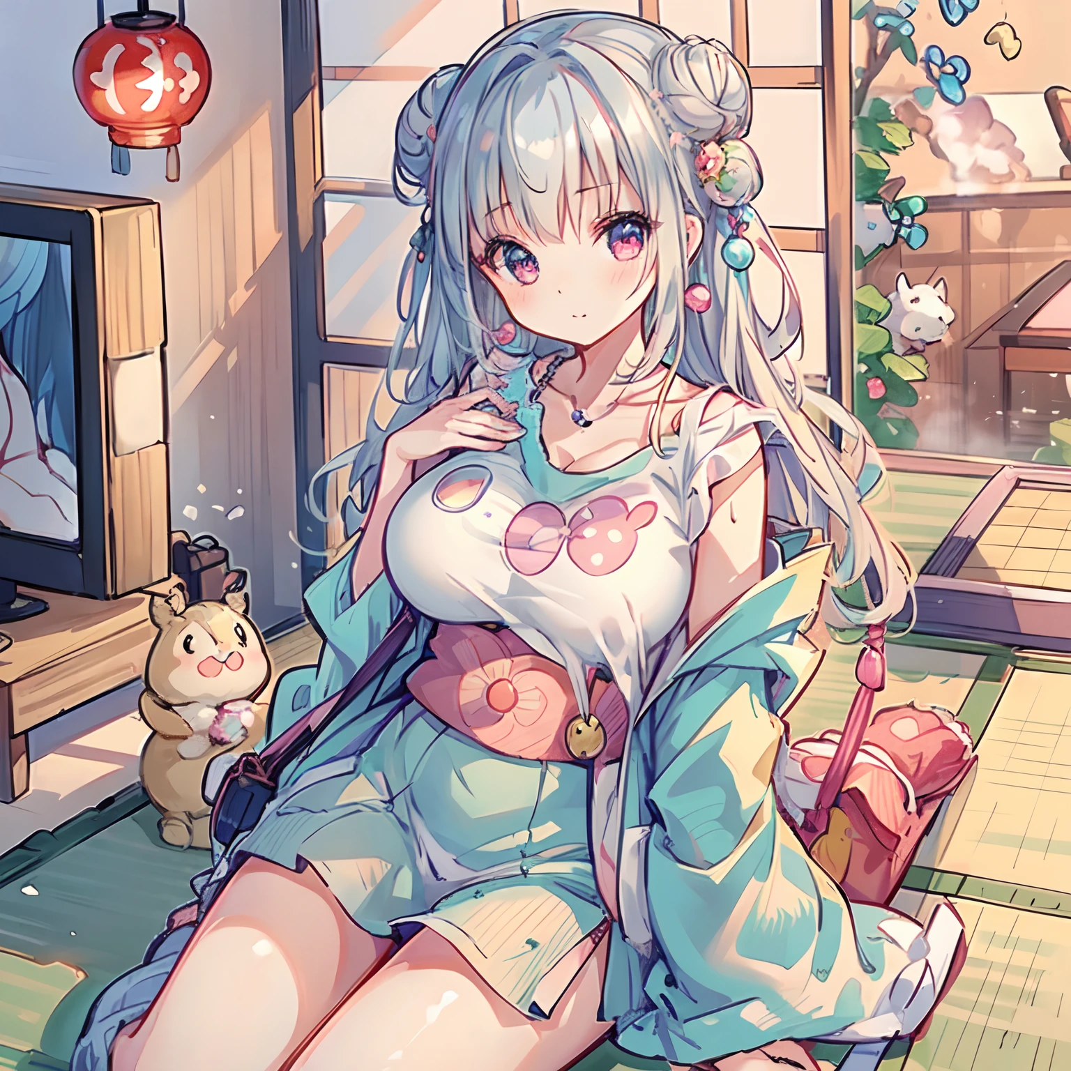 (Highly detailed CG Unity 8k wallpaper), (Best Quality), (Super Detail), (Best Illustration), (Best Shadow), POV, Realistic lighting and shading, Natural light, Lens flare effect, BREAK, 1 beautiful woman, Solo,(Cute:1.5),(kawaii:1.5),(Lori:0.5), BREAK, ((girl, Older sister, Unclear, Beautiful face of Japan, super gigantic breast,(Silvery hair,Long hair in a bun,Deco),(A detailed eye,Tsuriformes:1.2), gleaming skin, Stuffed cow,BREAK,(Shoulder bag:1.2), (Fringe jacket, denim dress, cowboy boots:1.2), (ox’s horn:1.0), (Beautiful barefoot:1.0), (Earrings in the shape of a moon:1.1), (Prayer Bead Necklace:1.3), (Lonely face:1.1),BREAK,Holding a bottle of milk, (Sweat), (Rough breath), (Full face blush), BREAK,(traditional Japanese room,Tatami room,32-inch TV,Background of the guest rooms of the hot spring ryokan:1.5),(Chabudai,Only hot water in the chabu stand,Tea confectionery set in a chabu stall,pots:1.2),Alcove hanging scroll,Sitting with legs stretched