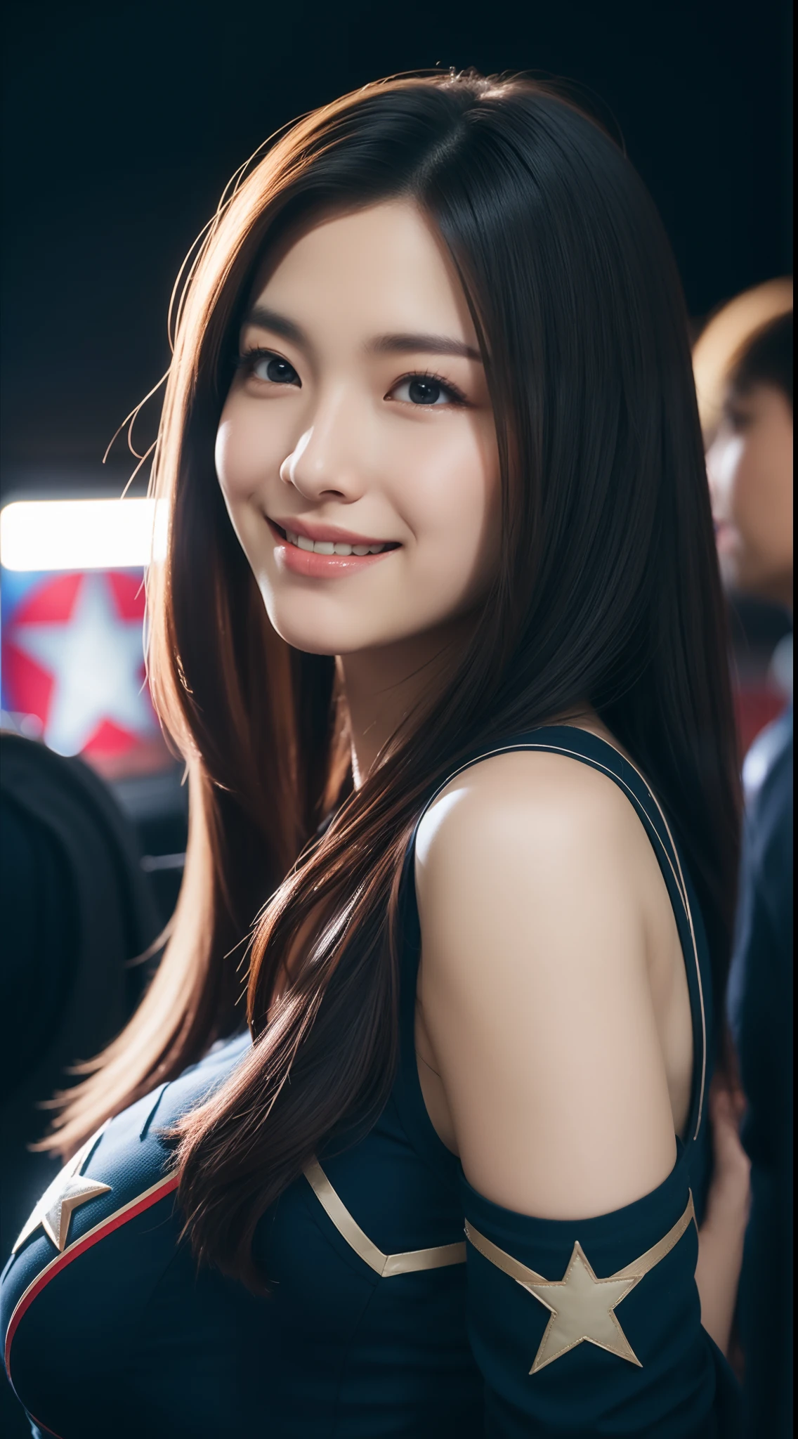 realistic photos of (1 cute Korean star) hair behind ears, white skin, thin makeup, 32 inch breasts size, slightly smile, wearing Captain America costume, in the cinema, Eye-Level Shot, f/1.2, 85mm, Canon, ray tracing, UHD