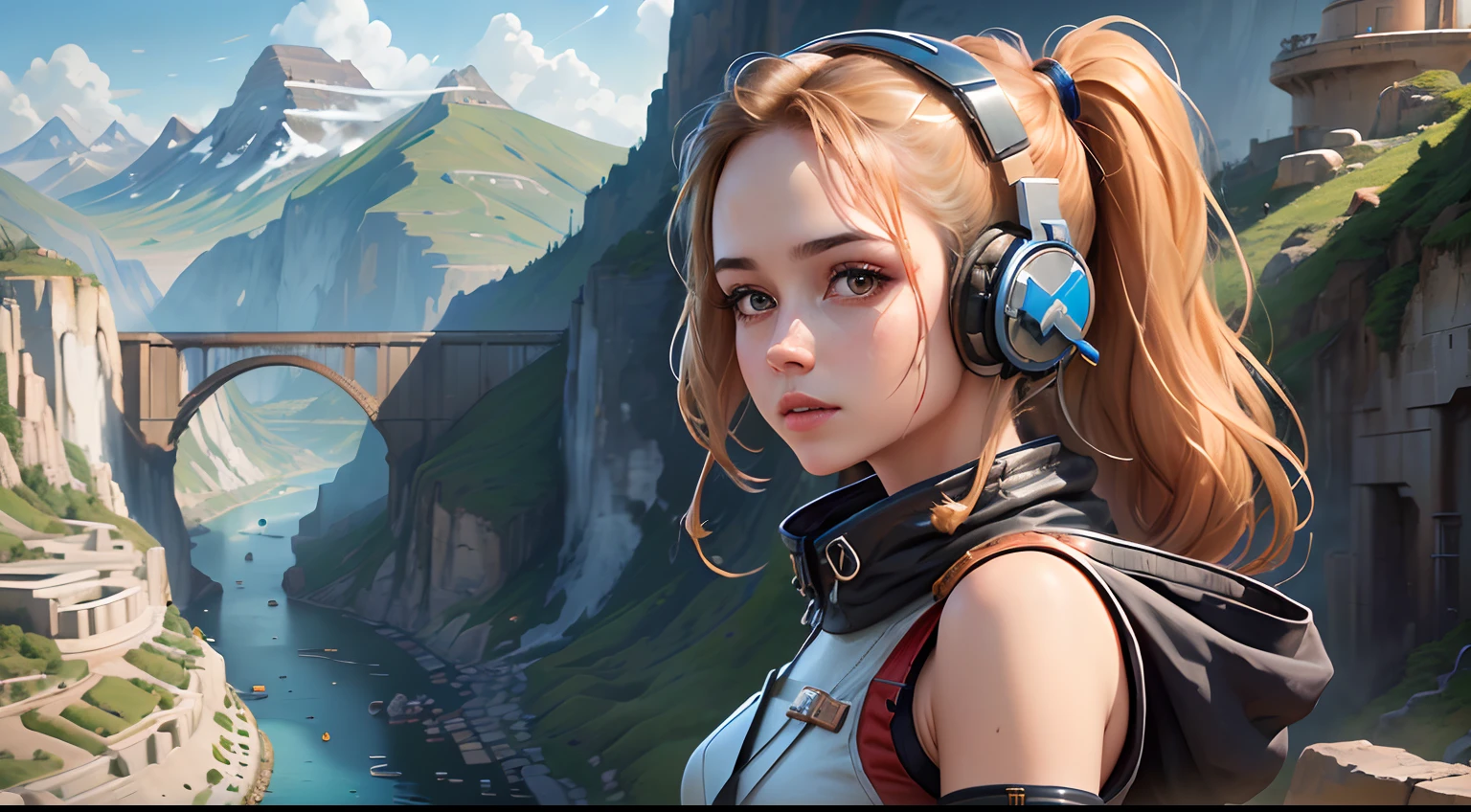 girl with headphones, solo girl, beautiful face, sharp eyes, beautiful girl wearing a Star Wars costume, wearing headphones, high on a mountain, ancient Jedi temple destroyed in the background, incredible and dramatic light effects, with the feeling that anything can happen!, bridges, deep ravine rift in the middle, terraced streets, reactors, breeder, oil refinery, cars, sunny days, industrial architecture, masterpiece, best quality, high detail, hyper-realistic