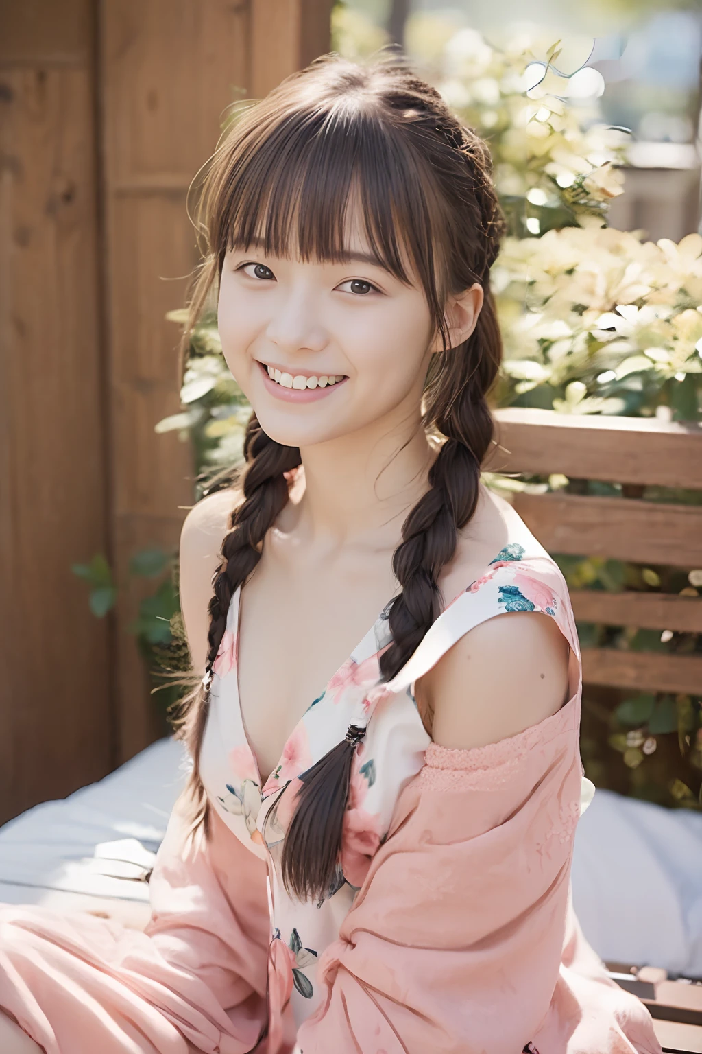 Lens 135mm f1.8,(Best Quality),(masutepiece:1.1), (Beautiful 16 year old Japan girl), Cute face, ((flat chest)), (Small breasts), (Chiseled face:0.7), (hitornfreckles:0.6), Cute lips, Dramatic Lighting, Dynamic lighting, {Smile|Smile|Happy|Laugh|}, {beautiful thigh|}, Junior high school years, flat bangs, Dutch braid, Off-shoulder pajamas、hotpants、beautiful thigh, in bed、natta、Private room、Braids、