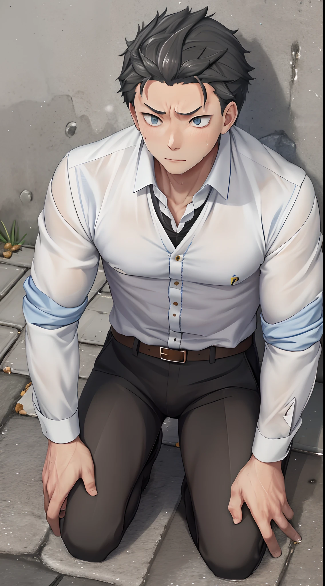 (1 Adult male),A high resolution, Sharp focus, Pixiv masterpiece, ((Complicated details)), highly detailed, natsuki_subaru,Multi-view upper body,Suit pants view, 1 man,is shy,Pee on the legs,pissing,Urine runs down the thighs,embarressed,exhilarated,is shocked,panicking,worry,A small puddle of their own urine forms around the feet,full bodyesbian,kneels on the ground,Very eager to pee,It's uncomfortable,Wet yourself,Urine discharge, Sweaty crotch,Drenched,rain,The shirt is soaked,(A gesture of pleading),blue color eyes(eyes glowing), short yellow hair,white shirt,Wear a tie,Wear a belt,Black suit trousers,perspire,look from down