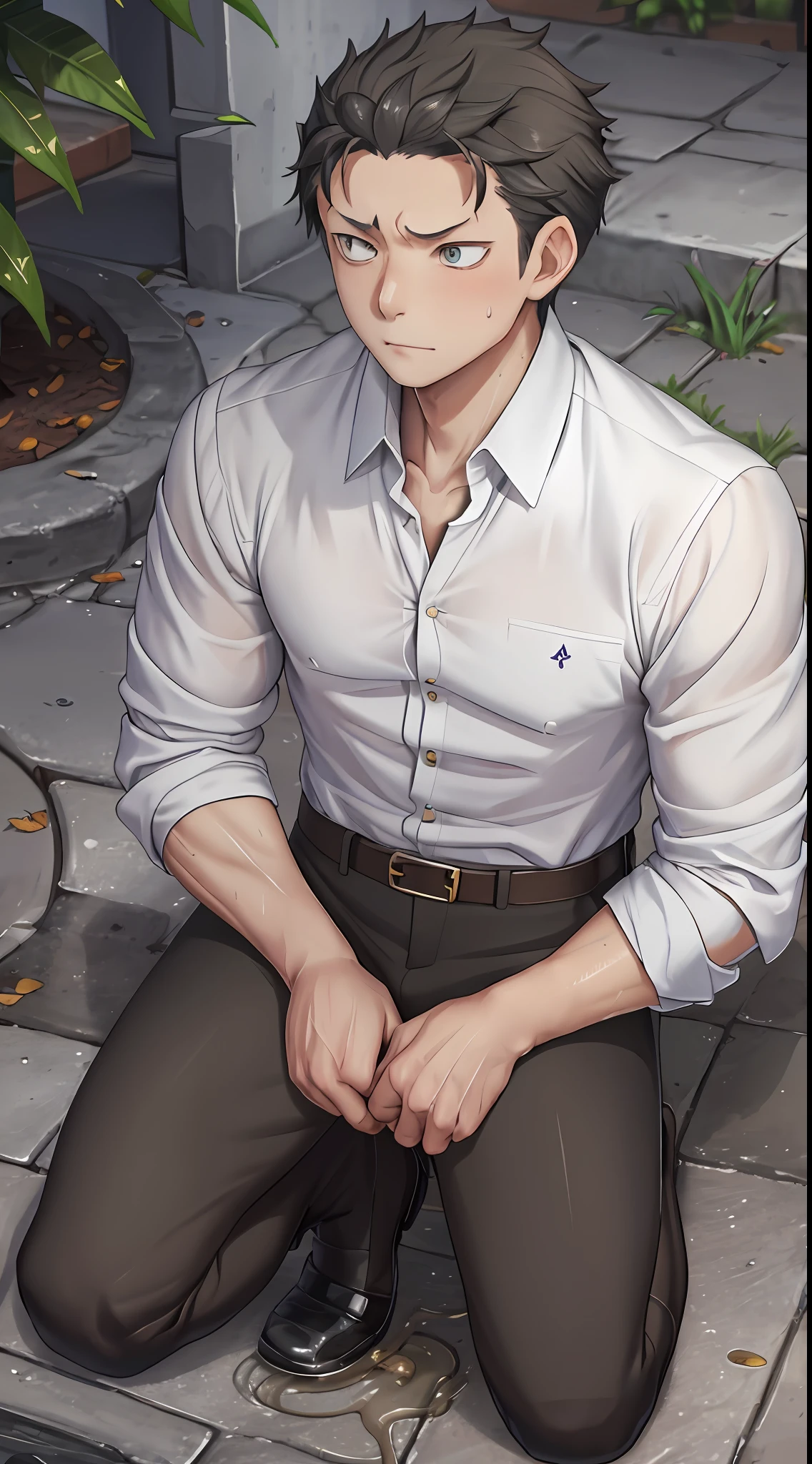 (1 Adult male),A high resolution, Sharp focus, Pixiv masterpiece, ((Complicated details)), highly detailed, natsuki_subaru,Multi-view upper body,Suit pants view, 1 man,is shy,Pee on the legs,pissing,Urine runs down the thighs,embarressed,exhilarated,is shocked,panicking,worry,A small puddle of their own urine forms around the feet,full bodyesbian,kneels on the ground,Very eager to pee,It's uncomfortable,Wet yourself,Urine discharge, Sweaty crotch,Drenched,rain,The shirt is soaked,(A gesture of pleading),blue color eyes(eyes glowing), short yellow hair,white shirt,Wear a tie,Wear a belt,Black suit trousers,perspire,look from down