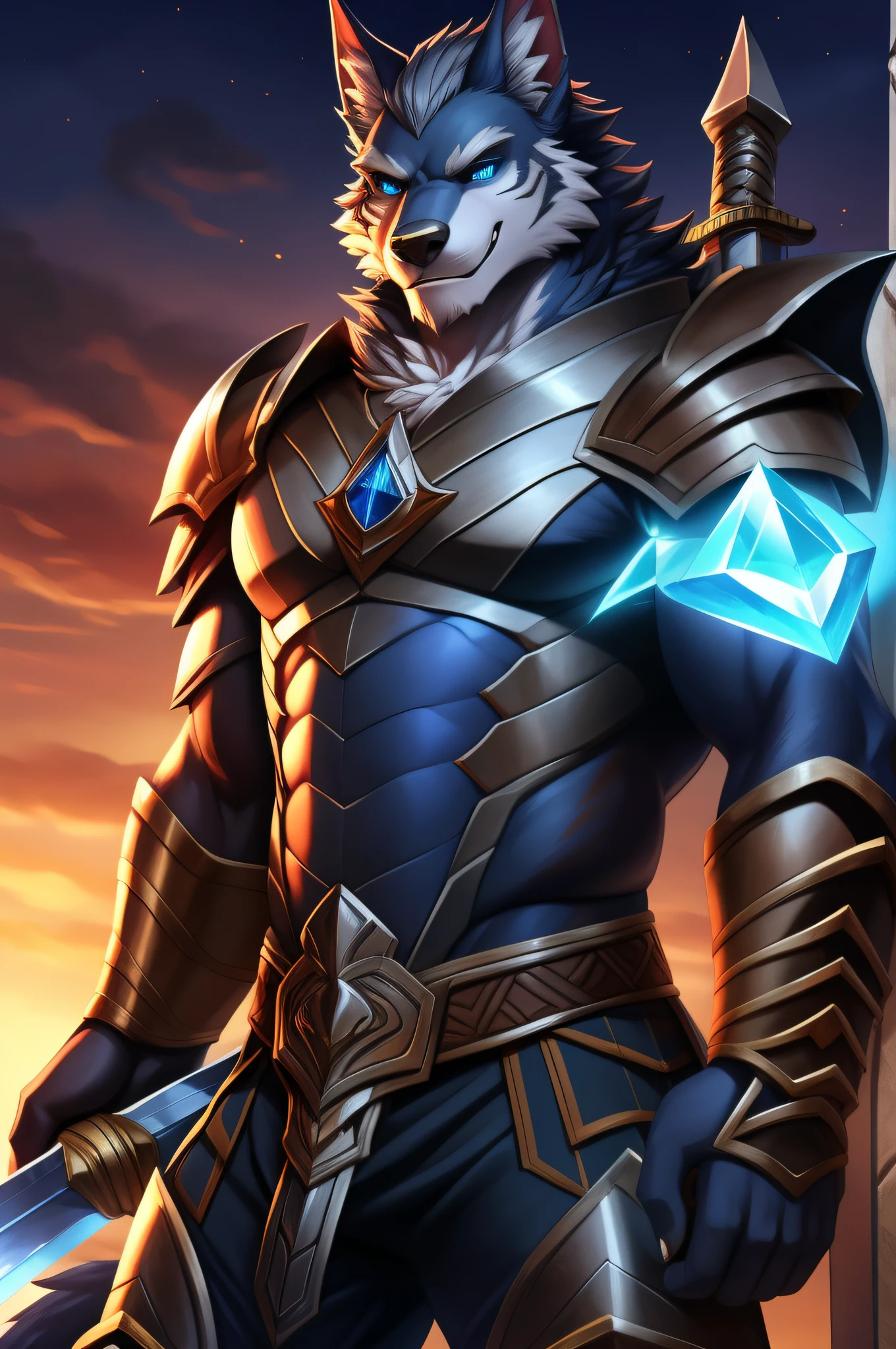 Two-dimensional wolf orcs,An adult wolf,Wolf standard stature,The highest appearance,Highest image quality,blue color eyes,Look to the right,Two-dimensional wolf orcs,Tiger Tooth,best qualtiy,tmasterpiece,Textured skin,romanticism lain,Cinematic lighting effects,Ray traching,Beautiful pupils,Diamond-shaped pupils,Light smile,Gray hair,a sword, Silas, Extremely detailed Artgerm, caleb from critical role, commission for high resolution, warwick saint, Artgerm on ArtStation Pixiv, nasus, casimir art, trends in art station, raziel irl, djinn human hybrid,Wear knightly armor,
