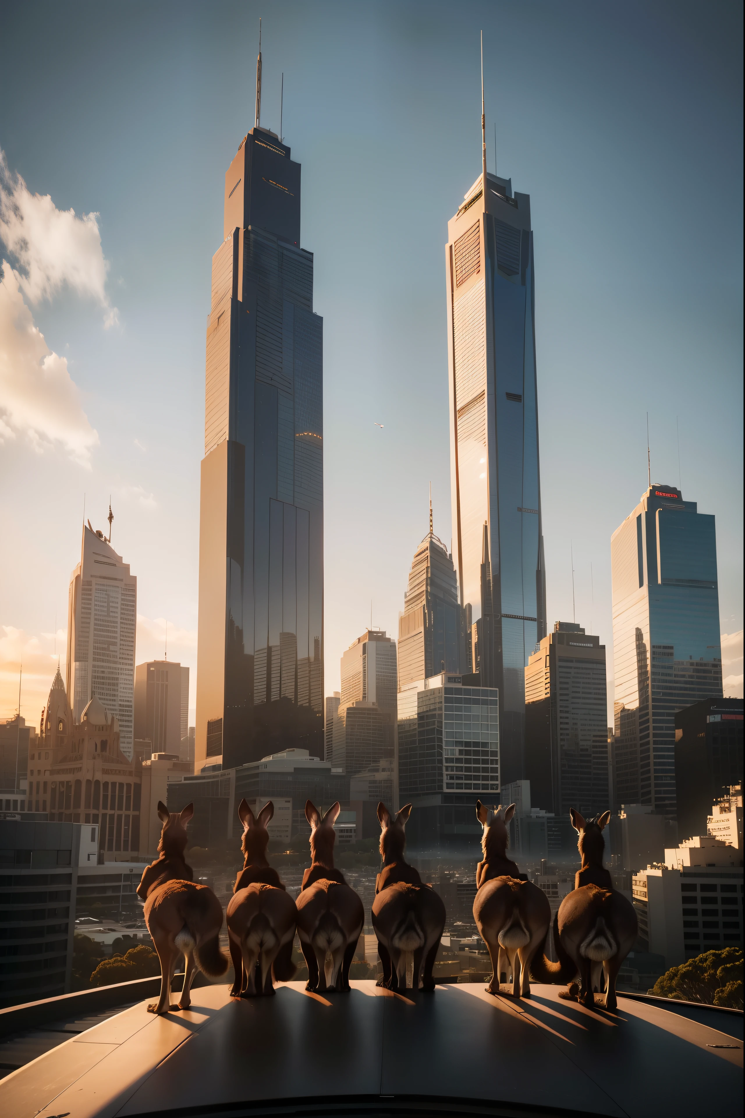 A large herd of 4 kangaroos standing on top of a tall building in the middle of Melbourne city looking around curiously, (((wide shot))), sunset in background, standing Kangaroos, skyscrapers, Melbourne city, (((Melbourne Cricket Ground in background))), (((Melbourne skyline))), buildings, city skyline, vibrant sky, (((subject: large herd of kangaroos standing on roof top of tall building))), cinematic, epic, hyper realistic photo, 8k render, curious animals, overcast, (((herd of kangaroos))), rainbow in sky, MCG, candid photo, Aussie, city life, top view shot, numerous kangaroos