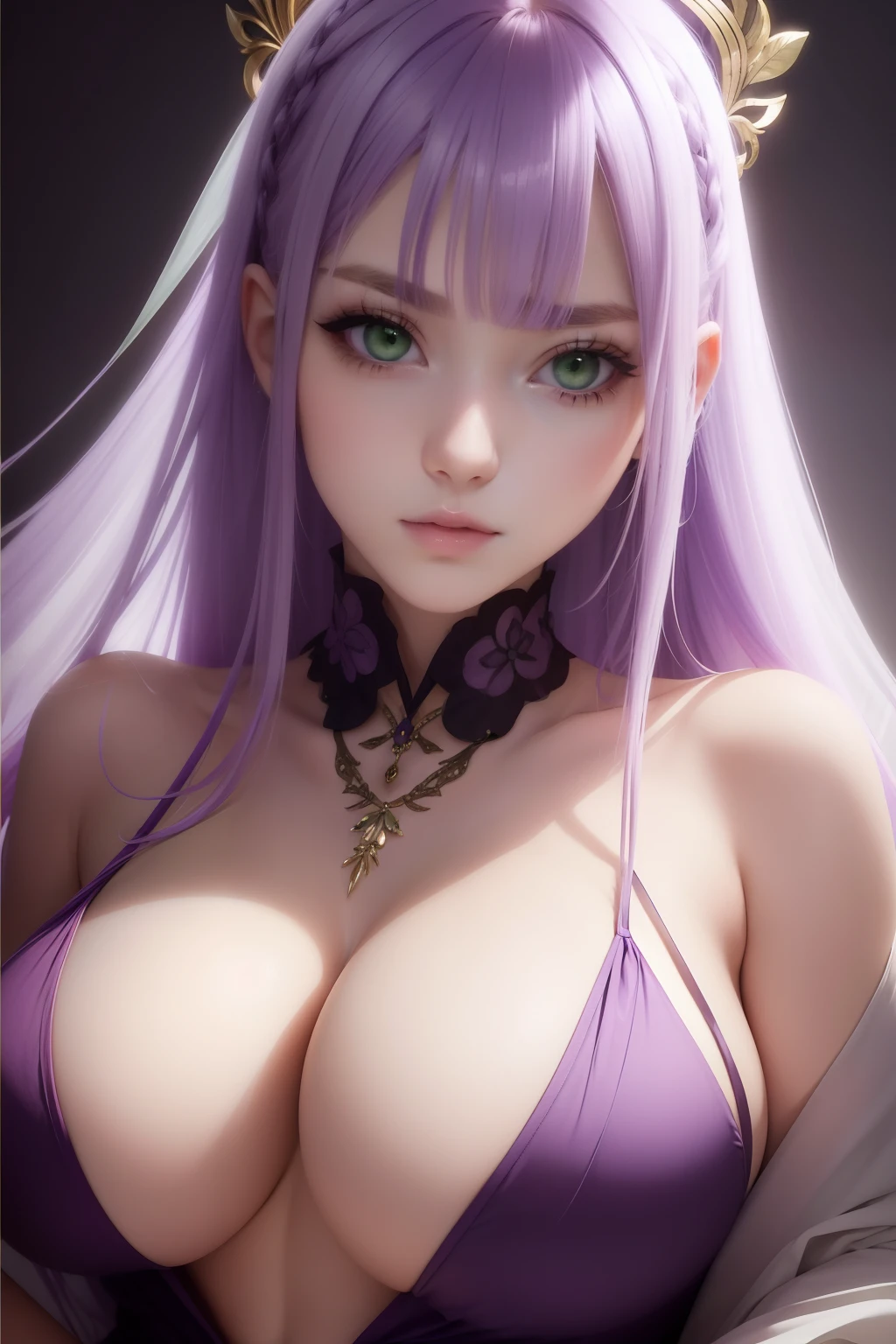 ((Masterpiece, high quality)), 1girl, long light purple hair, ((dark green eyes)), very green eyes+