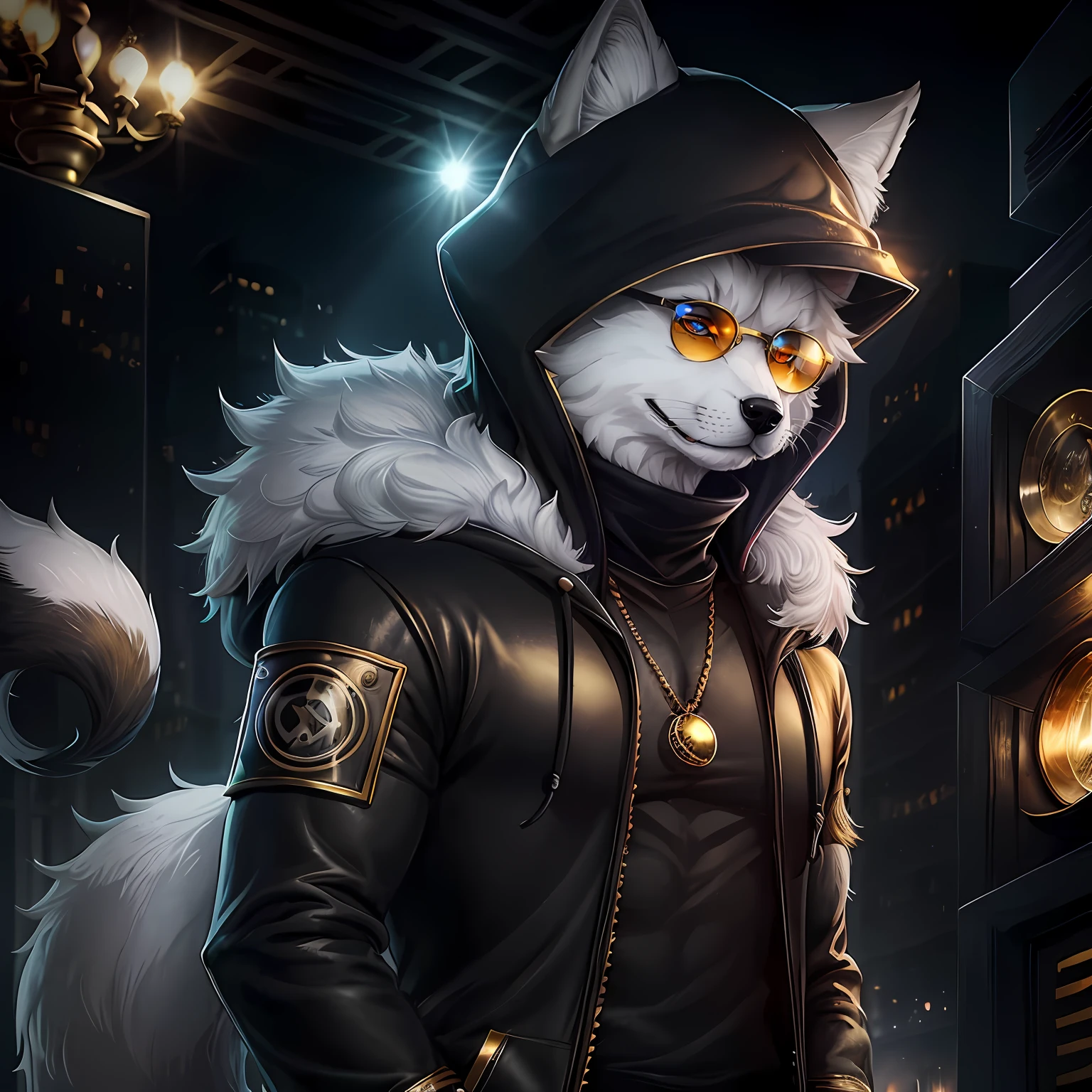 solo person,arctic fox, Black fur, Golden eyes, eye glass, shaggy male, Detective Dog Boy, tmasterpiece, Best picture quality, high-class details, Cute and fluffy, hoody, trouser, Keep your eyes on the audience, Fluffy tail, the complex background, Have fun。