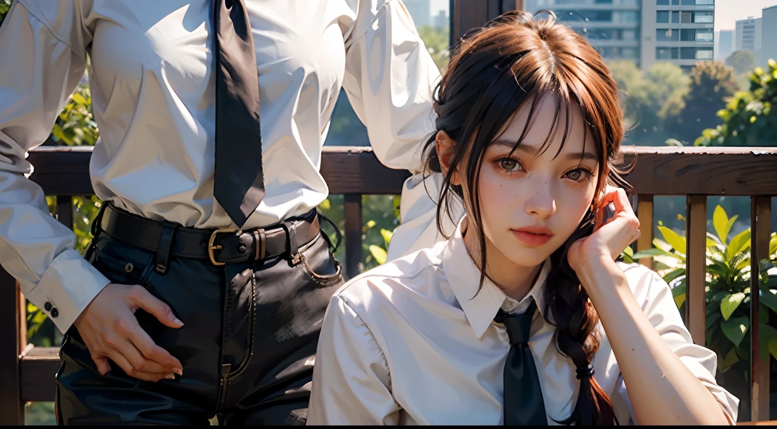 detailed shiny skin, (realistic, photo-realistic:1.4), a pretty girl, standing, looking out of window, white shirt, collared shirt, black necktie, black trousers, long sleeves, slight smile (nose blush), yellow eyes + ringed eyes, short hair + red hair + long braided hair, makima \(chainsaw man\)