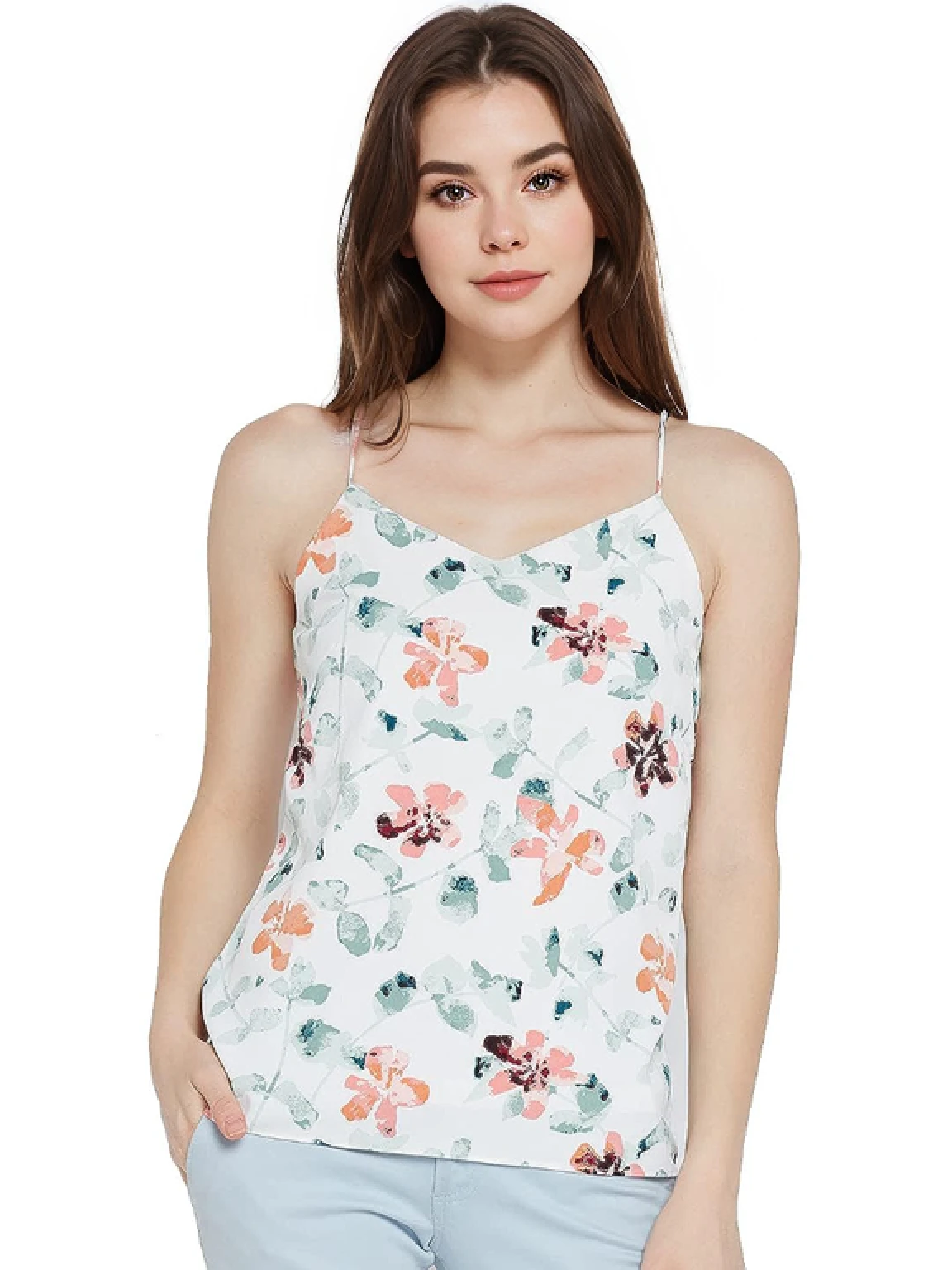 a beautiful woman face, HD, wearing a white floral top with blue pants, sleeveless tops, halter neck, wearing white camisole, white! tank top with a print, sleeveless, wearing a camisole, floral clothes, fancy top, wearing a cute top, mid view, ivy vine leaf and flower top, seductive camisole, close angle, floral dream, floral
