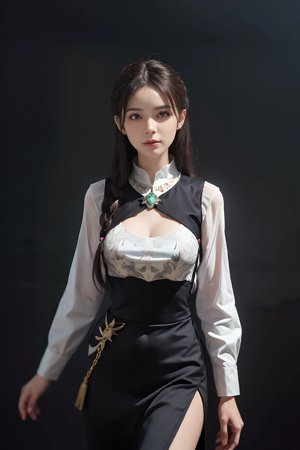 (Front focus),(in the darkness nigth:1.6),Surrealist portraits of women by David Hockney and Alphonse Mucha,Fantasyart,photographrealistic,动态照明,art stations,poster for,Volumetriclighting,Very detailed faces,4 k'',Award-winning transparent black skirt,With fine embroidery and fine jewelry,Exposing the abdomen ,Chest 1 girl, In the dark, deepshadow, low tune, Cowboy shot,(official clothes:1.4),long whitr hair,whaite hair,
