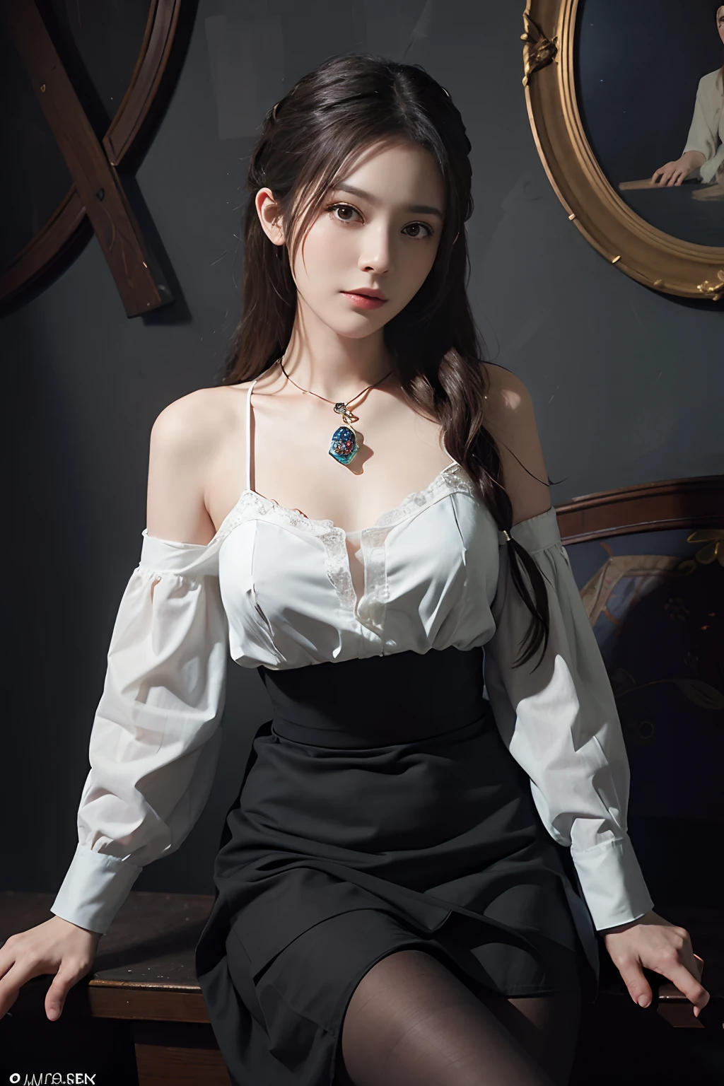 （Front focus），（in the darkness nigth：1.6），Surrealist portraits of women by David Hockney and Alphonse Mucha，Fantasyart，photographrealistic，动态照明，art  stations，poster for，Volumetriclighting，Very detailed faces，4 k''，Award-winning transparent black skirt，With fine embroidery and fine jewelry，Exposing the abdomen ,Chest 1 girl, In the dark, deepshadow, low tune, Cowboy shot,(official clothes:1.4),long whitr hair,whaite hair,