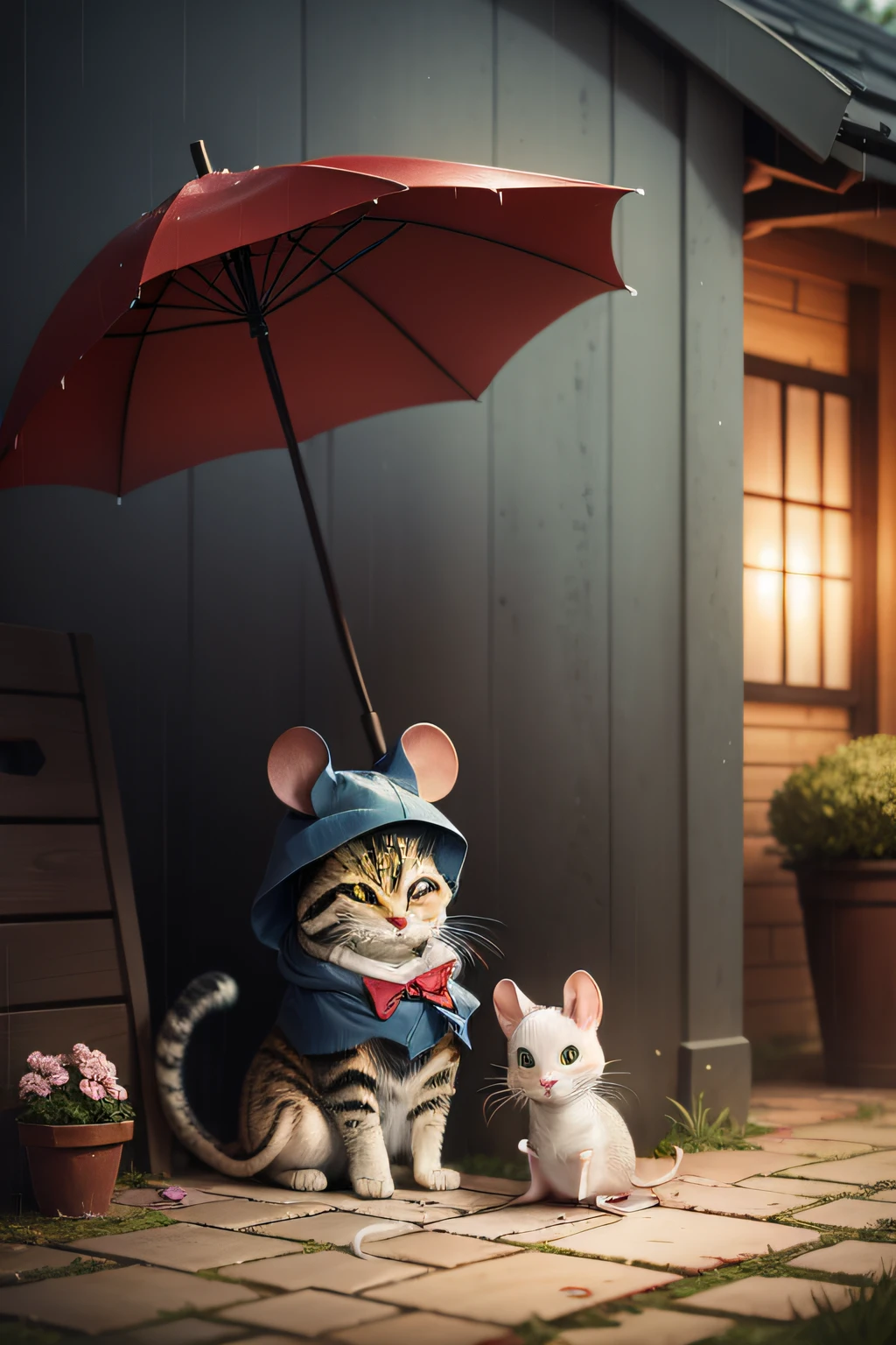 it's raining, cute cat and mouse sheltering under an umbrella