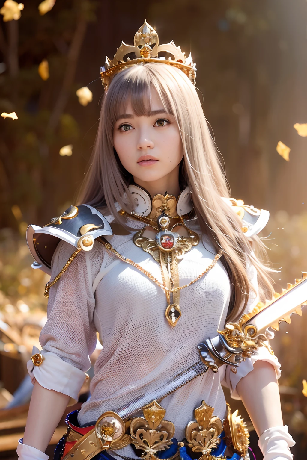 (masutepiece), Professional , masterpiece、top-quality、photos realistic , depth of fields (Gemstone Silver Metal Body:1.9),(Matte White、Particles of light、 Gold Weapon(Metal:1.4),Gorgeous metal weapons , Detailed Sword of the Brave , Beautiful knife ,warhammer 40k , adepta sororitas,Detail and ornate jewel crown、Particles of light、Brown hair、Gangle's forest background、Beautiful Caucasian beauty、1a person、dynamic ungle,(((Detailed and ornate diamond crown)))、Particles of light、