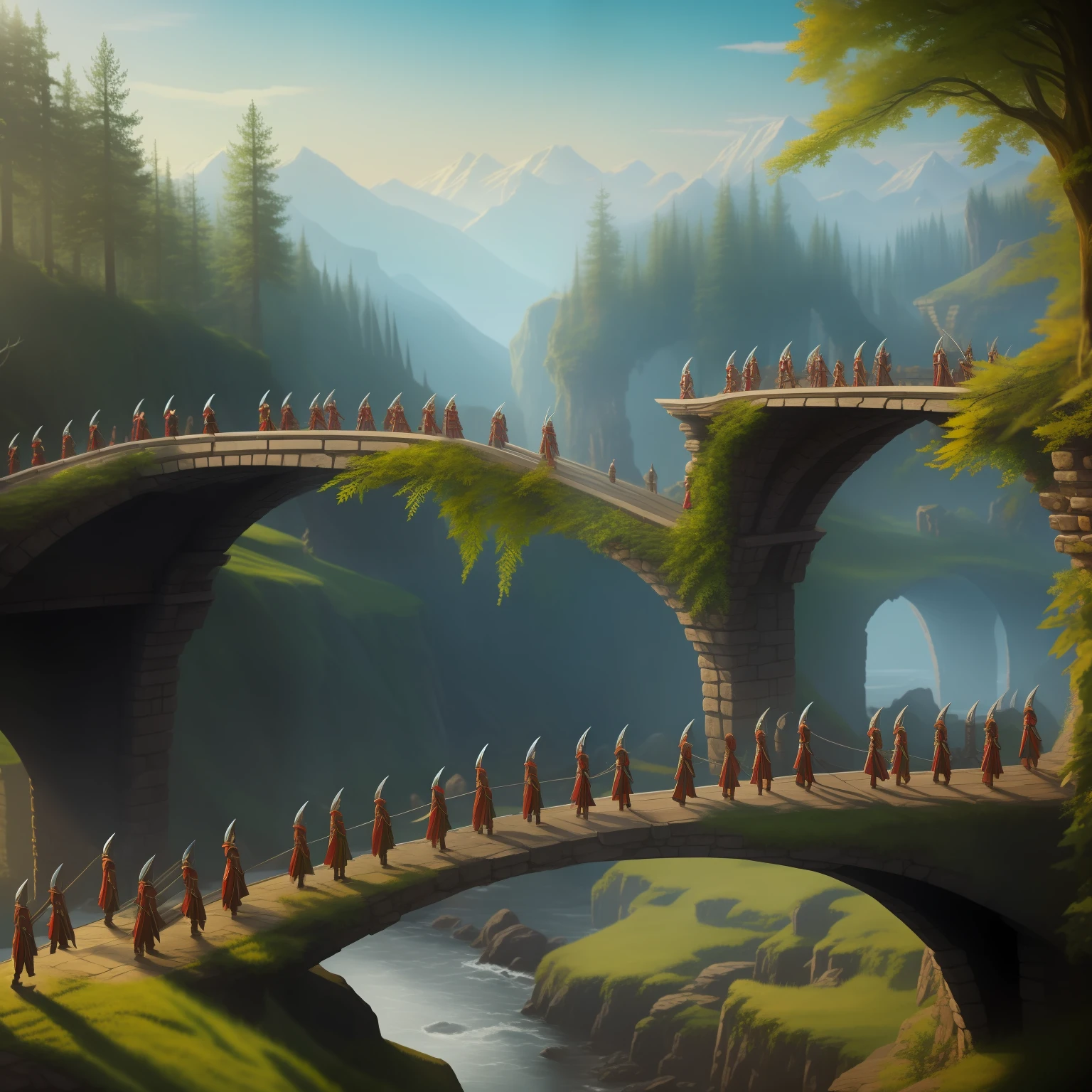 Twelve elves on a bridge, concept art, 4k