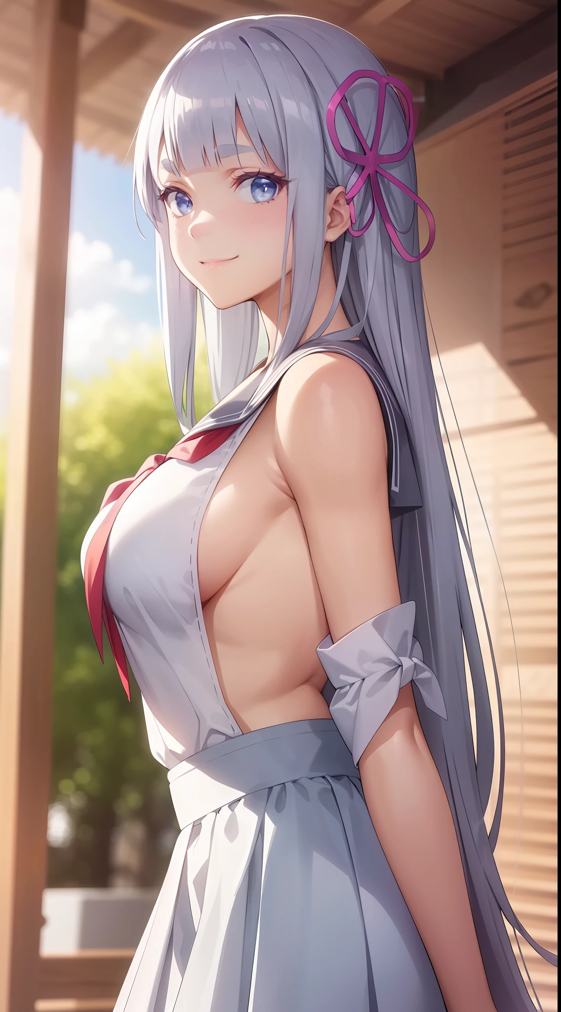 hair ornament, very long hair, japanese clothes, professional artwork, Intricate Details, field of view, sharp focus, detailed painting, photorealistic lighting, trending on pixiv, Standing at attention, ((school girl, summer school outfit)), ((large :1,3)), Beautiful body,Beautiful Nose,Beautiful character design, perfect eyes, perfect face, looking at viewer, SFW,official art,extremely detailed CG unity 8k wallpaper, perfect lighting,Colorful, Bright_Front_face_Lighting, (masterpiece:1.0),(best_quality:1.0), ultra high res,4K,ultra-detailed, photography, 8K, HDR, highres, absurdres:1.2, Kodak portra 400, film grain, blurry background, bokeh:1.2, lens flare, (vibrant_color:1.2), shikkoku_yorihime, (happy smile, cheers), ((looking at viewer, formal photo pose))