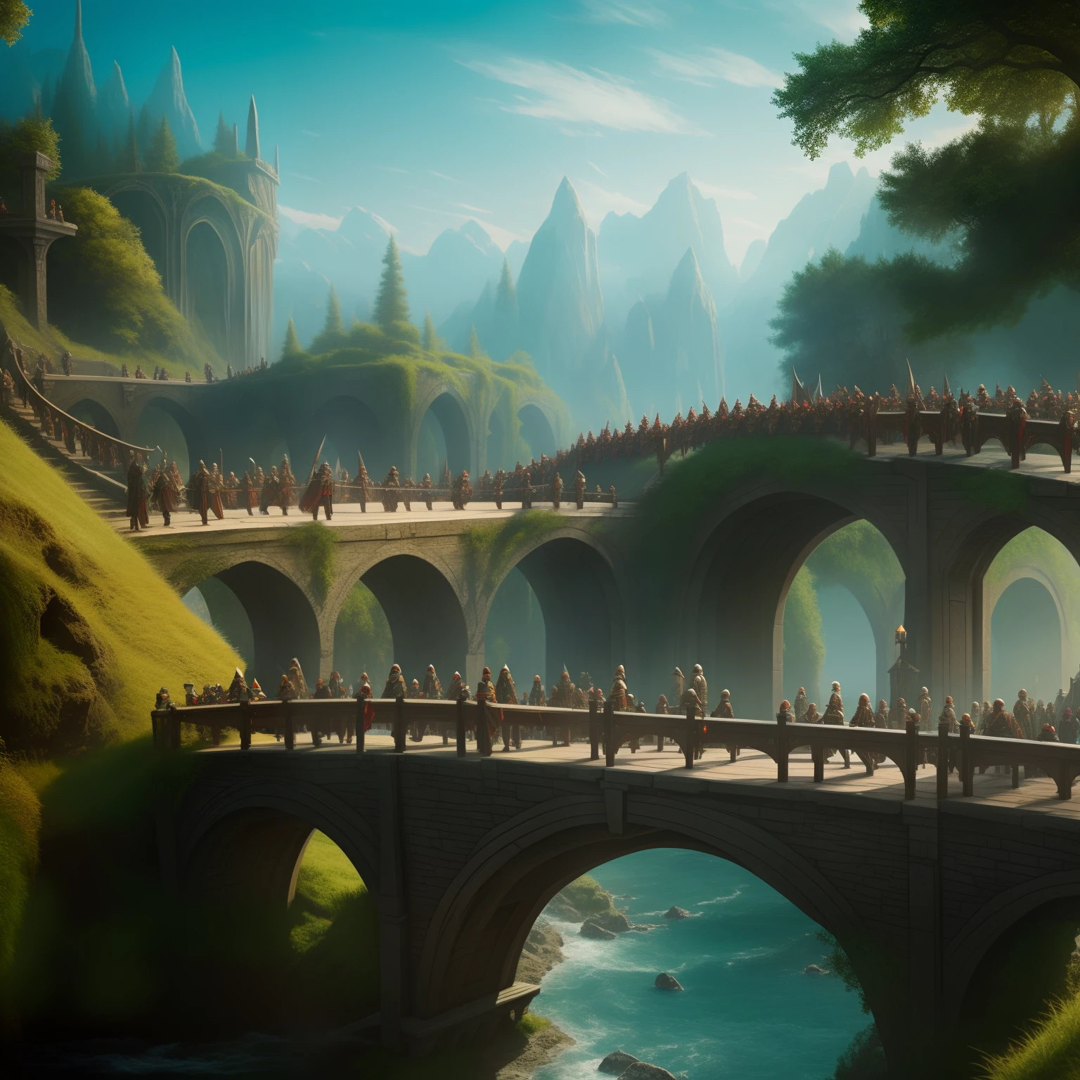 Twelve elves on a bridge, concept art, 4k