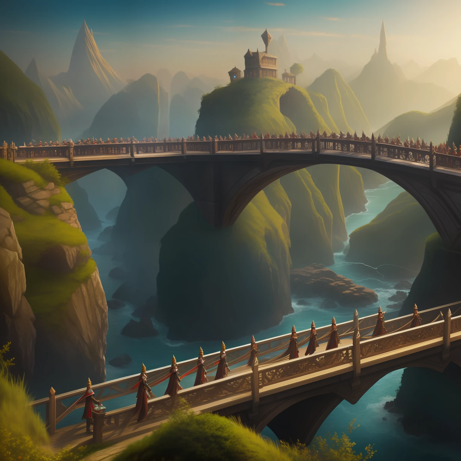 Twelve elves on a bridge, concept art, 4k