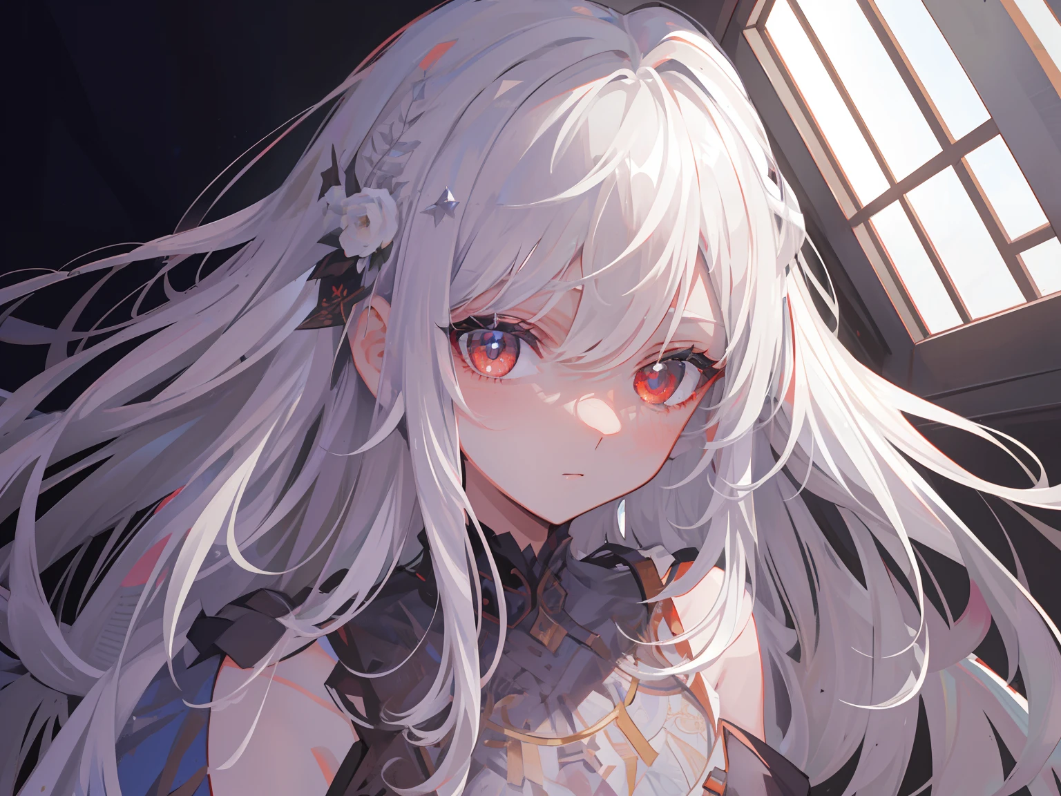 ((Masterpiece, Best quality))++, Detailed light+,  Detail hair+, detail hand+ ,1girll, woman, Long hair,   dark red eye,  Beautiful eyes, Young gray hair,,(Beautiful white hair:1.5),(Beautiful detailed eyes), ,    high resolution+,   Masterpiece,  , Glass tones, Reflective eyes,  {{Angle}} , extremelydetailedwallpaper, Original,full bodyesbian,Bedrooms,upper legs, Beth,starrysky,Issuing,,swim wears