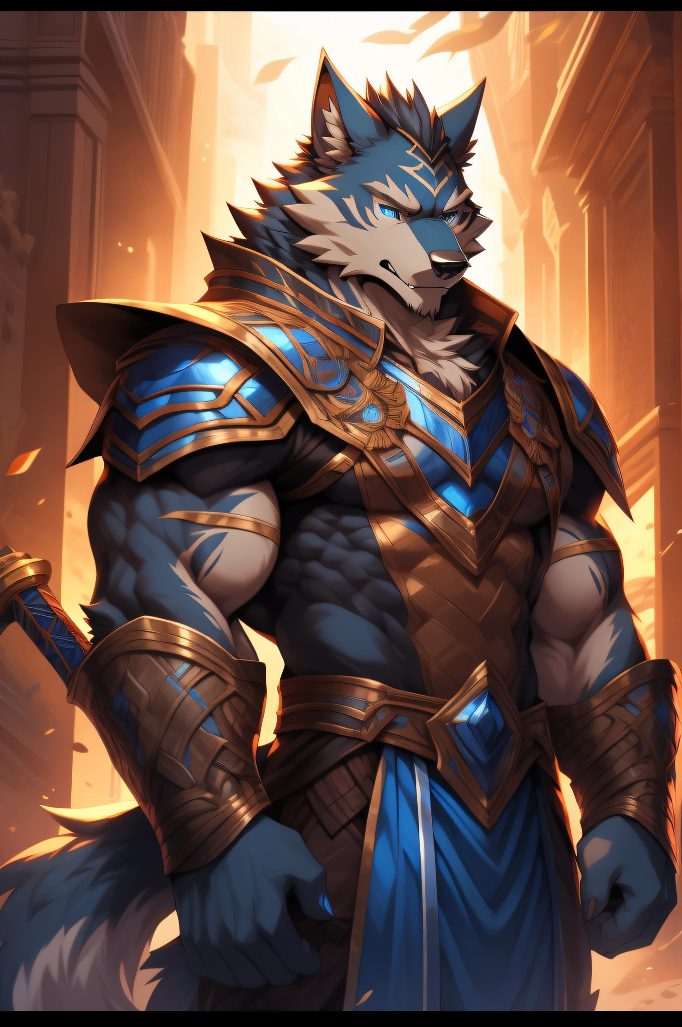 Two-dimensional wolf orcs，An adult wolf，Wolf standard stature，The highest appearance，Highest image quality，blue color eyes，Look to the right，Two-dimensional wolf orcs，Tiger Tooth，best qualtiy，tmasterpiece，Textured skin，romanticism lain，Cinematic lighting effects，Ray traching，Beautiful pupils，Diamond-shaped pupils，Eyes resolute，Gray hair，a sword, Silas, Extremely detailed Artgerm, caleb from critical role, commission for high resolution, warwick saint, Artgerm on ArtStation Pixiv, nasus, casimir art, trends in art station, raziel irl, djinn human hybrid，Wear knightly armor，