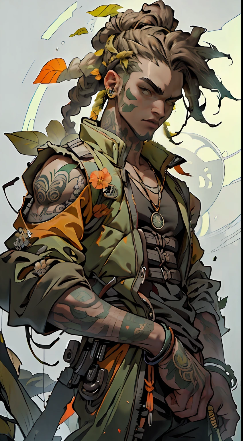 green:1.5, orange:1.1, white:1.3, yellow:1.3, (rapper with dread hair),tattoos, (power puffer clothes:1.2),flowers,leaves,fog,lines,circles background, dark skin