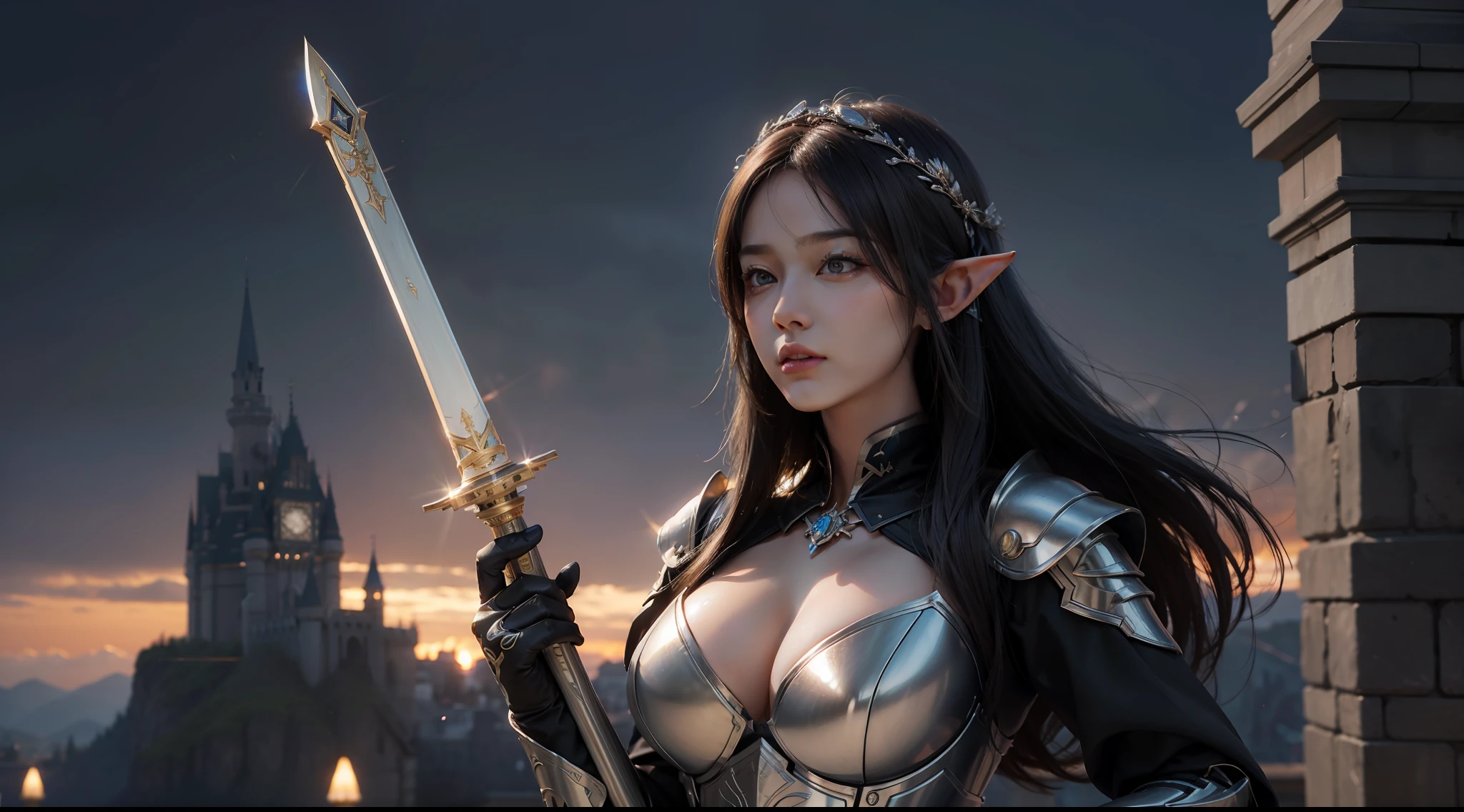 ((best qualtiy)), ((tmasterpiece)), ((Realistis)), (A detailed), (realisticlying:1.5),illusory engine, (High detail: 1.9),(femele:1.4),(big breasts beautiful: 1.4),(carismatic:1.3), (Large breasts), Female elf,beuaty girl,Exquisite armor,beauitful face, looking at viewert, dynamicposes, The background is the castle,hdr, Ray traching, NVIDIA RTX, Hyper-Resolution, Unreal 5, sub surface scattering, PBR textures, Post-processing, Anisotropic filtering, depth of fields, Maximum clarity and sharpness, trichotomy,8K original,(Luminous Particle:1.4),(VerydetailedCG,Unity 8k壁纸,cinmatic lighting,lens flare glow),Reflectors,Sharp focus,(((Glowing sword:1.8)))