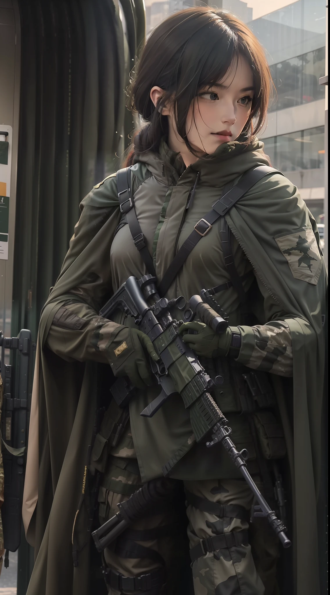 Female soldiers，mature, hold a rifle, Dark green camouflage military uniform,Long camouflage cape，With an assault rifle，Raised sexy，long leges，full bodyesbian，