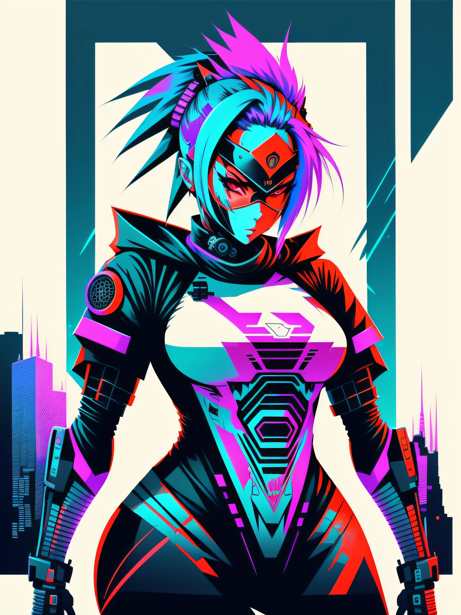 Ready to print t-shirt art vector colorful graffiti illustration of a robotic cyberpunk ninja woman, futuristic cyberpunk city background, realistic picture style, image on white background, centered