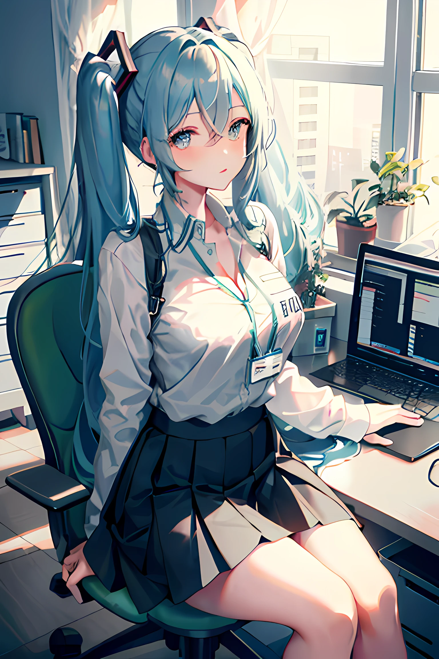 Hatsune miku, 1girl, solo, ((white shirt)), black thighs, boobs, cleavage, uniform, office bottom, black skirt, pleated skirt, office, hair between eyes, blue eyes, flower pupils, medium breasts, hair long, looking at viewer, blue hair, blue short nails, solo, thighs, thighs, very long hair, ((masterpiece)), sitting, chair, desk, computer on desk, name tag, id tag, indoors, blushing, sexy pose, ((long twin tail)),