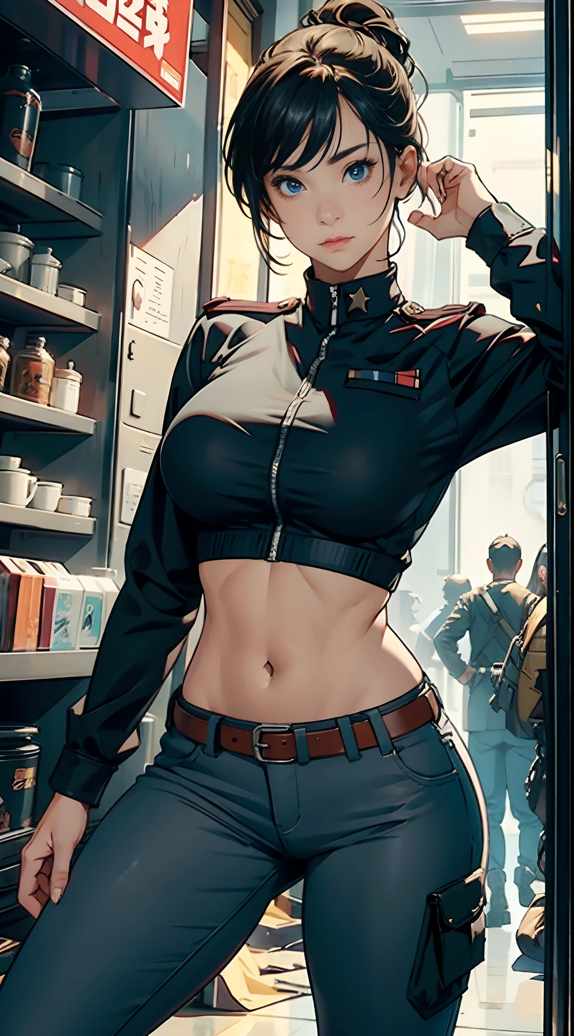 1female，girl soldier，extremely large bosom，nakeness，skinny pants，nakeness