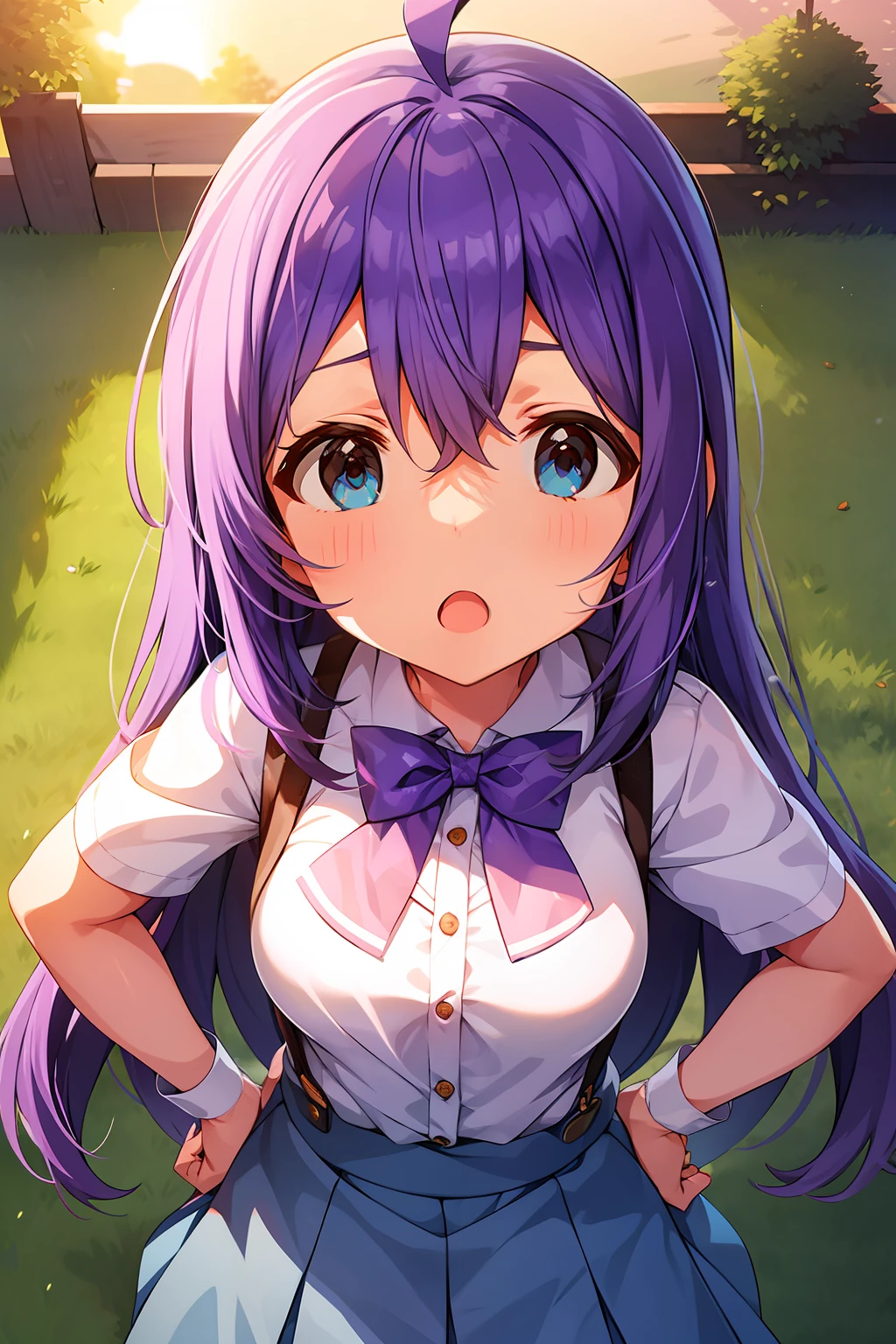 mochizuki anna,1girl in,Solo,Long hair,Purple hair,big breasts.Ahoge,Blue eyes.Short stature.white t-shirts.suspenders.Skirt.Evening glow.the setting sun.Despair face.Sweat.Opening Mouth.up chest.put hands on the hip.look from above