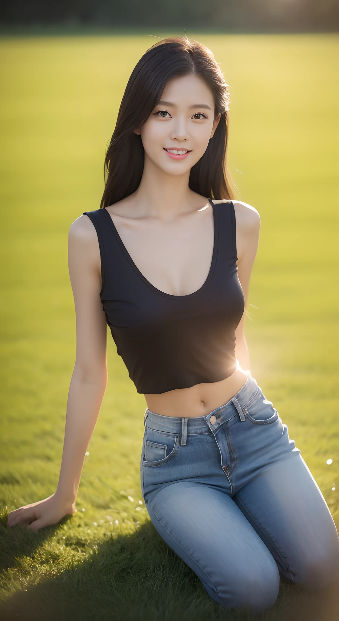 (rain, grassy fields: 1.3), 1 beautiful woman taking pictures on the grass，RAW photos，tmasterpiece，（highdetailskin：1.2），8k ultra high definition，digital SLR camera，gentlesoftlighting，high high quality，filmgrain，富士XT3，20 years old Asian woman，Gray crop top and jeans，Detailed clothing details:1.5，perfect body figure，Perfect breasts and nipple bulge，The legs are straight and slender，（（Branded stylish shoes:0.6）），Super detailed facial details and skin，Whiten face and whiten skin，二重まぶた，Super detailed eyes，A sweet smile，(Gloss on lips, eyeslashes, Glossy face, Best quality, Super high resolution, warm color，Wide lighting, naturalshadow), sat on the ground，The posture is diverse，Show off your sexy figure， Full body shooting: 1.8