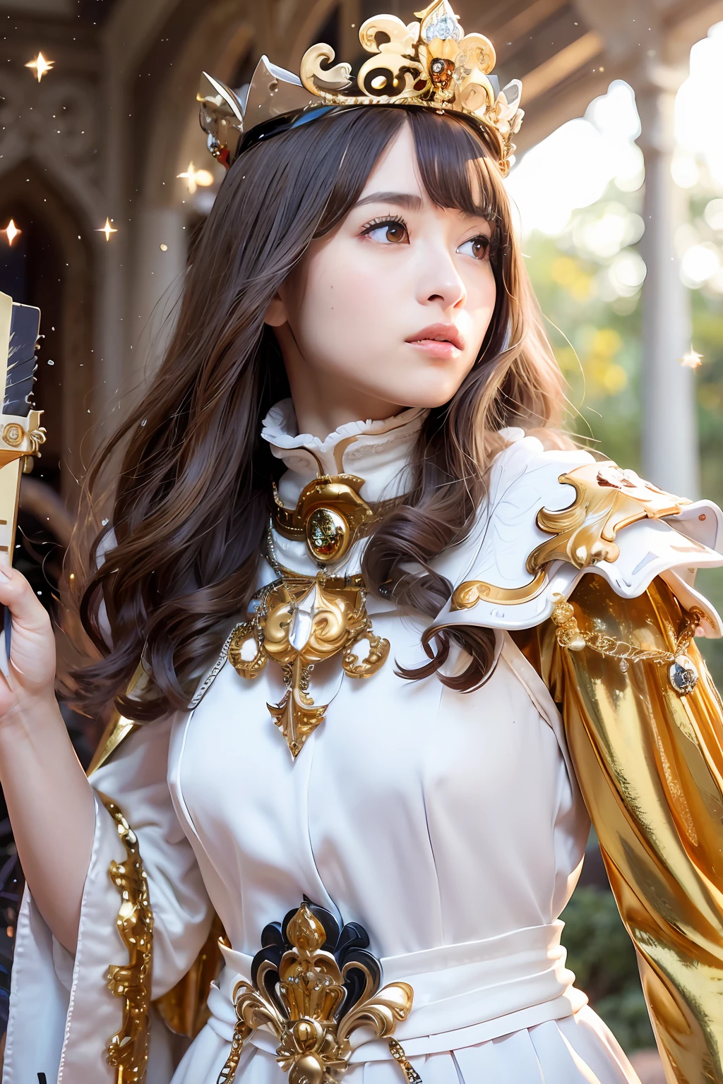 (masutepiece), Professional , ​masterpiece、top-quality、photos realistic , depth of fields （Gemstone Silver Metal Body:1.９),(Matte White、Particles of light、 Gold Weapon（Metal:1.４),Gorgeous metal weapons , Detailed Sword of the Brave , Beautiful knife   ,warhammer 40k , adepta sororitas,Detail and ornate jewel crown、Particles of light、Brown hair、Gangle's forest background、Beautiful Caucasian beauty、１a person、dynamic ungle,(((Detailed and ornate diamond crown)))、Particles of light、