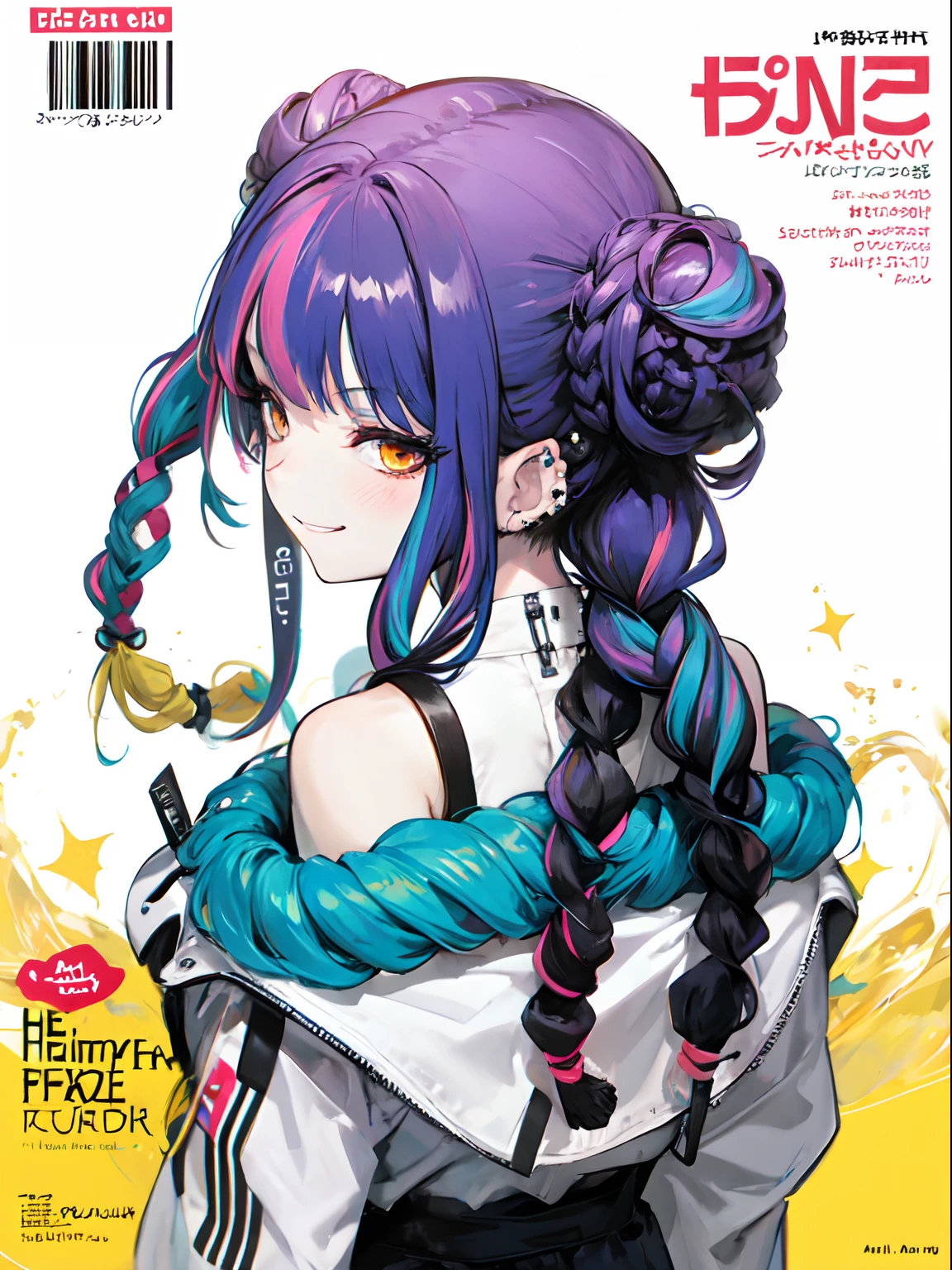 magazine cover,from behind,close-up,solo,(dreadlocks:1.4),(drill hair,afro,ponytail,two side up,hime cut,twintails,braid,hair bun:0.8),(wavy multicolor hair:1.2),(smokeanywhere:1.4),smirk,piercing,barcode