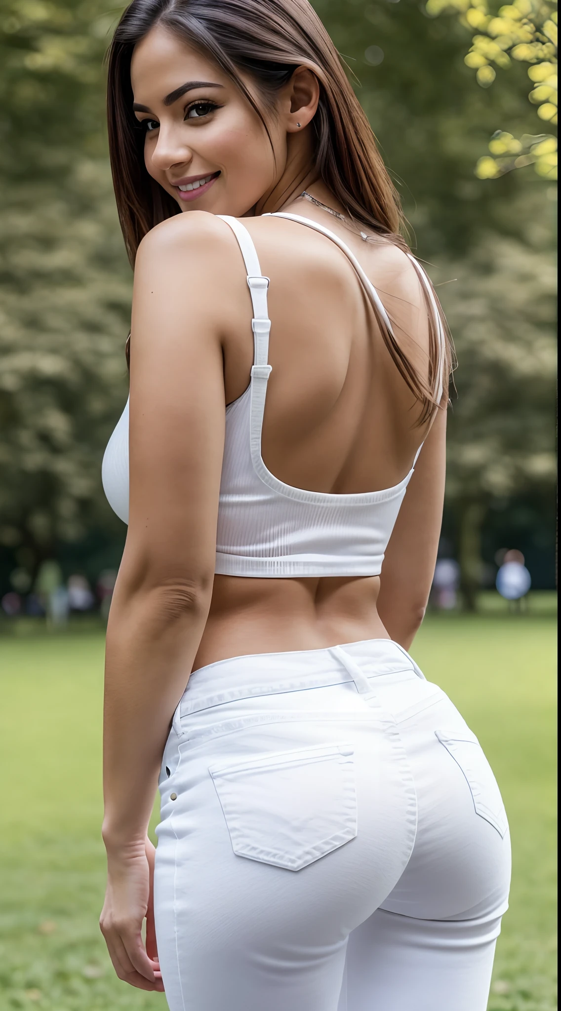 Hyper realistic and detailed from behind picture of one smiling young beautiful the woman chilling casually in the park wearing casual clothes (tight white jeans and small top). perfect eyes, (Eye makeup:1.1), (highly detailed skin:1.1), (perfect big boobs), RAW, analog style, sharp focus, 8k UHD, DSLR, high quality, Fujifilm XT3, grain, award winning, masterpiece.