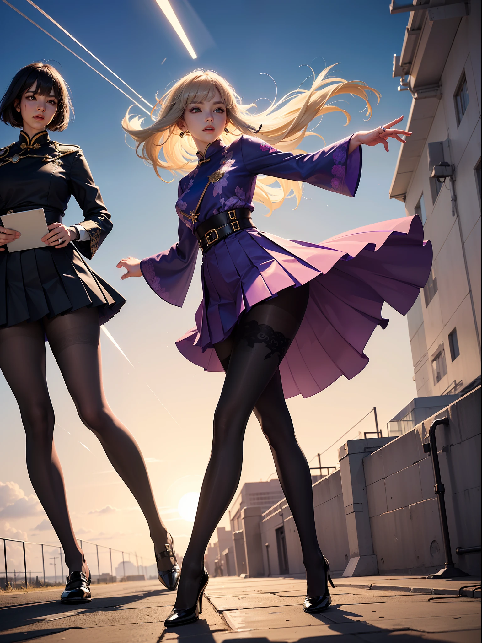 (full body:1.5),(1girl:1.3),(looking at viewer:1.4),(anatomy correct:1.3),(In the paradise of the day:1.3),(Wearing Very thick Printed Pantyhose and chinese JK Student Dress Printed Pleated Skirt and JK uniform leather shoes,and a large amount of jewellery :1.3), (A high jump posture:1.3),(In pink|amarelo|blue colors|green color|red colour|white colors|black in color|purpleish color|greys|Beige|Flesh color 1.4),,(Accurate and perfect face:1.4),(Clothing Gloss:1.25),(Skin reflection:1.25),hyper HD, Ray traching, reflective light,structurally correct, Award-Awarded, high detal, lightand shade contrast, Face lighting,cinmatic lighting, tmasterpiece, super detailing, high high quality, high detal, best qualityer, 16k,high contrast,