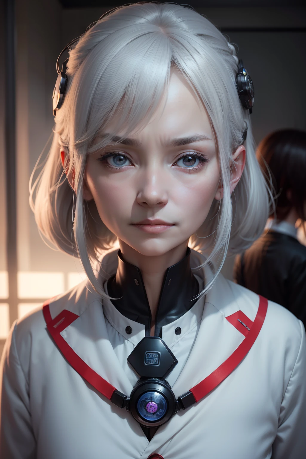 masutepiece、超A high resolution、8K、landscape of a future city、Cybernetics Doctor、55-year-old woman、Dressed in a white coat、Slender elderly woman、Little nasolabial folds on the face、silber hair、shorth hair、Tall Woman、