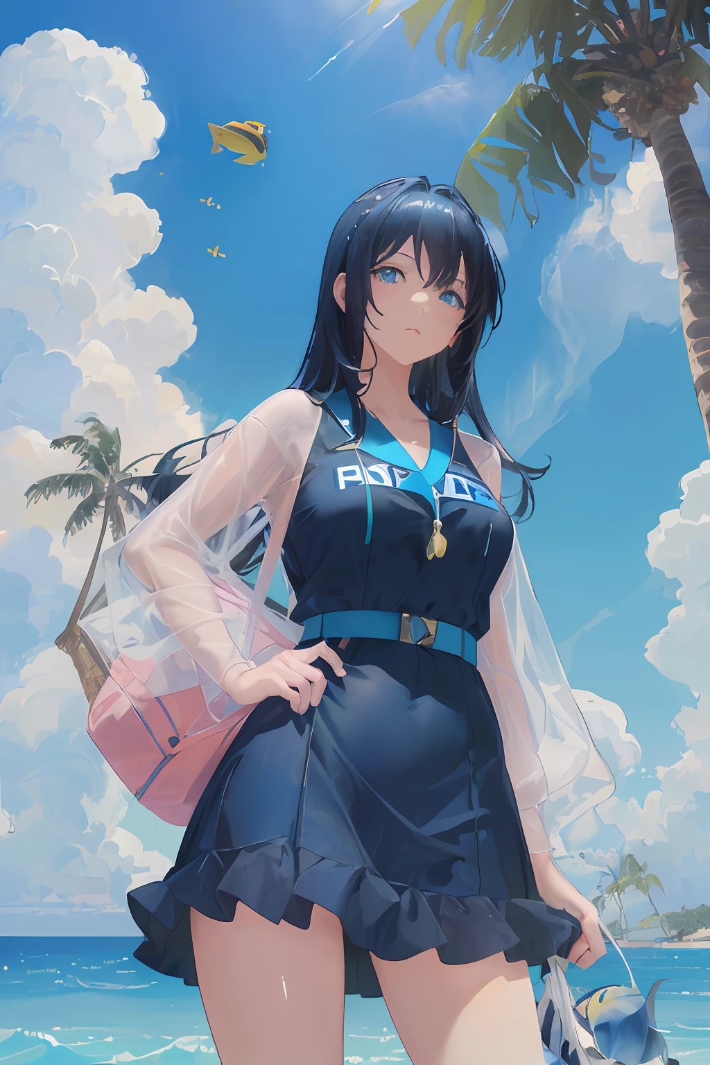 art by Cornflower, dreamy, (A beautiful, milf, anime-style girl with blue eyes and long, black hair, wearing a pale yellow, shiny, long-sleeved, open-chest, long skirt swimming suit with a pink, white, and yellow, heart on it is posing with her hands on her hips, in front of a beach and a bright, blue sky with clouds in it, there are palm trees in the background on both sides of the picture, and there are lots of blue and yellow fish swimming in the ocean, and there is a police helicopter with lights on it flying over the girl)