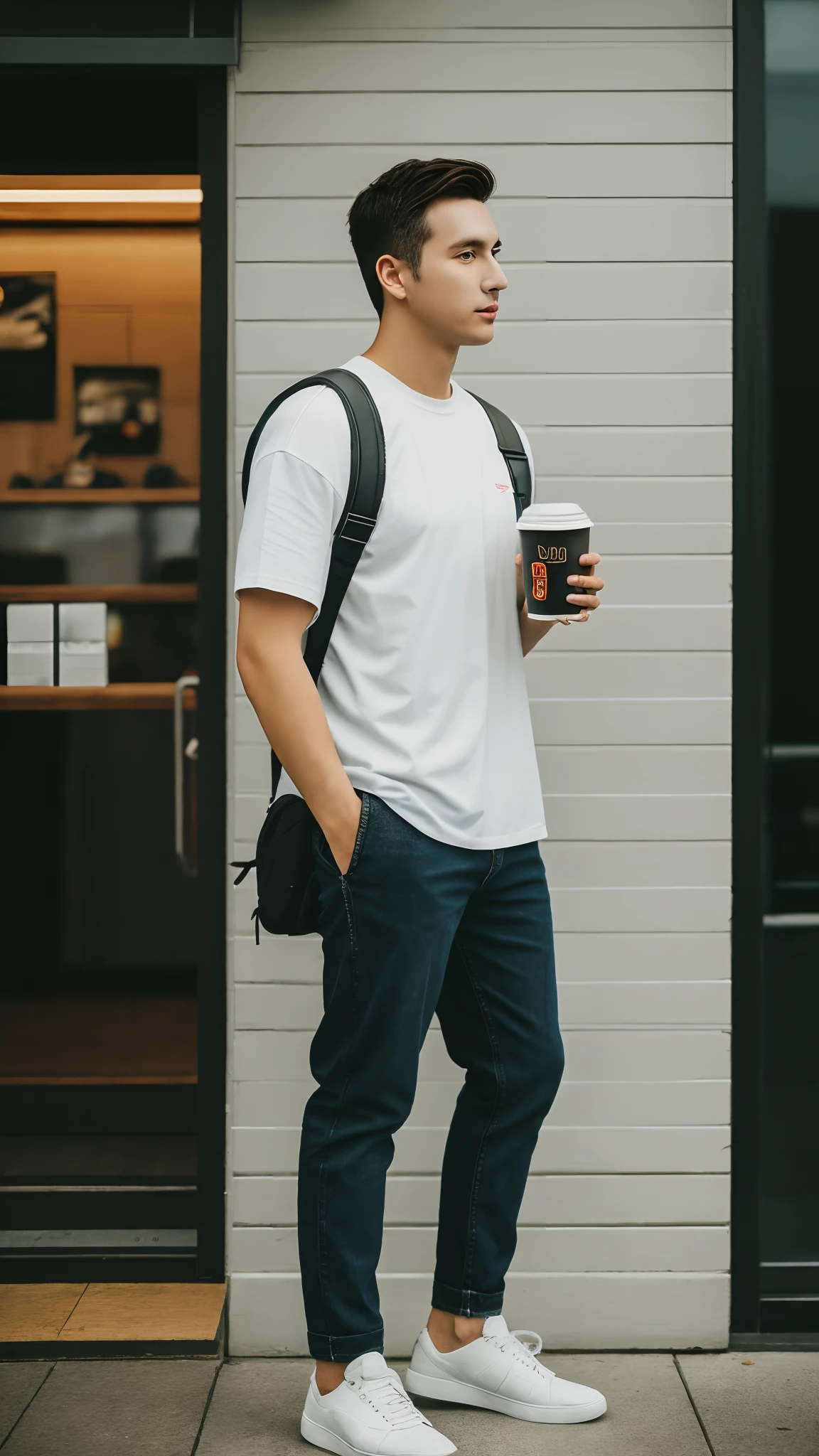 1人，A 20-year-old man drinks coffee at a coffee shop down the street，Handsome，full bodyesbian，leg apart，white  shirt，grey pants，whitestocking，White sneakers，Large bulge at the crotch，cafe shop，streets background，gentlesoftlighting，tmasterpiece，best qualtiy，8K  UHD，digital SLR camera，filmgrain，Fujifilm XT3 Realistic painting art，Written by Midjourney and Greg Rutkowski